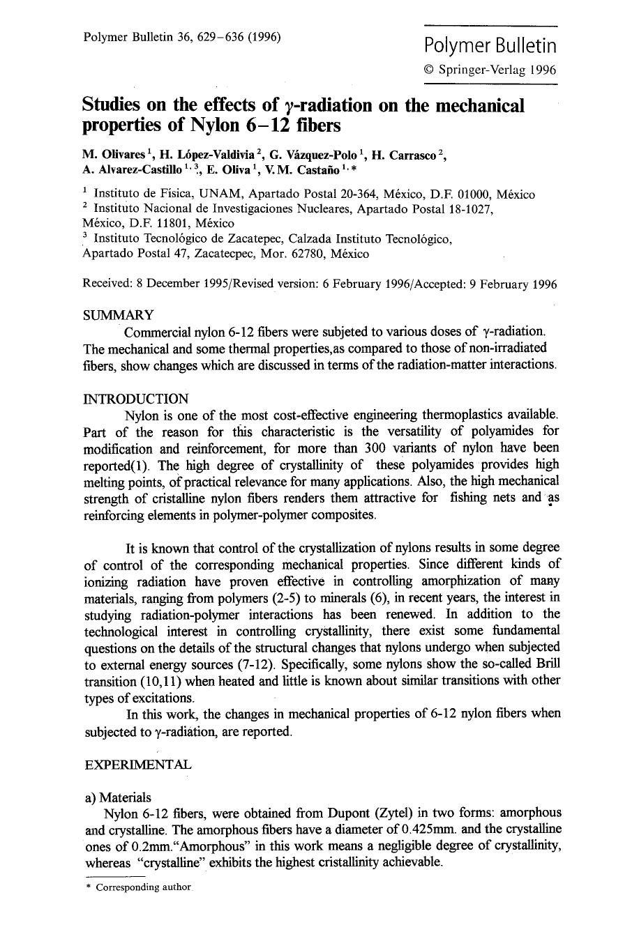 Studies on the effects of &#x03B3;-radiation on the mechanical properties of Nylon 6&#x2013;12 fibers by Unknown