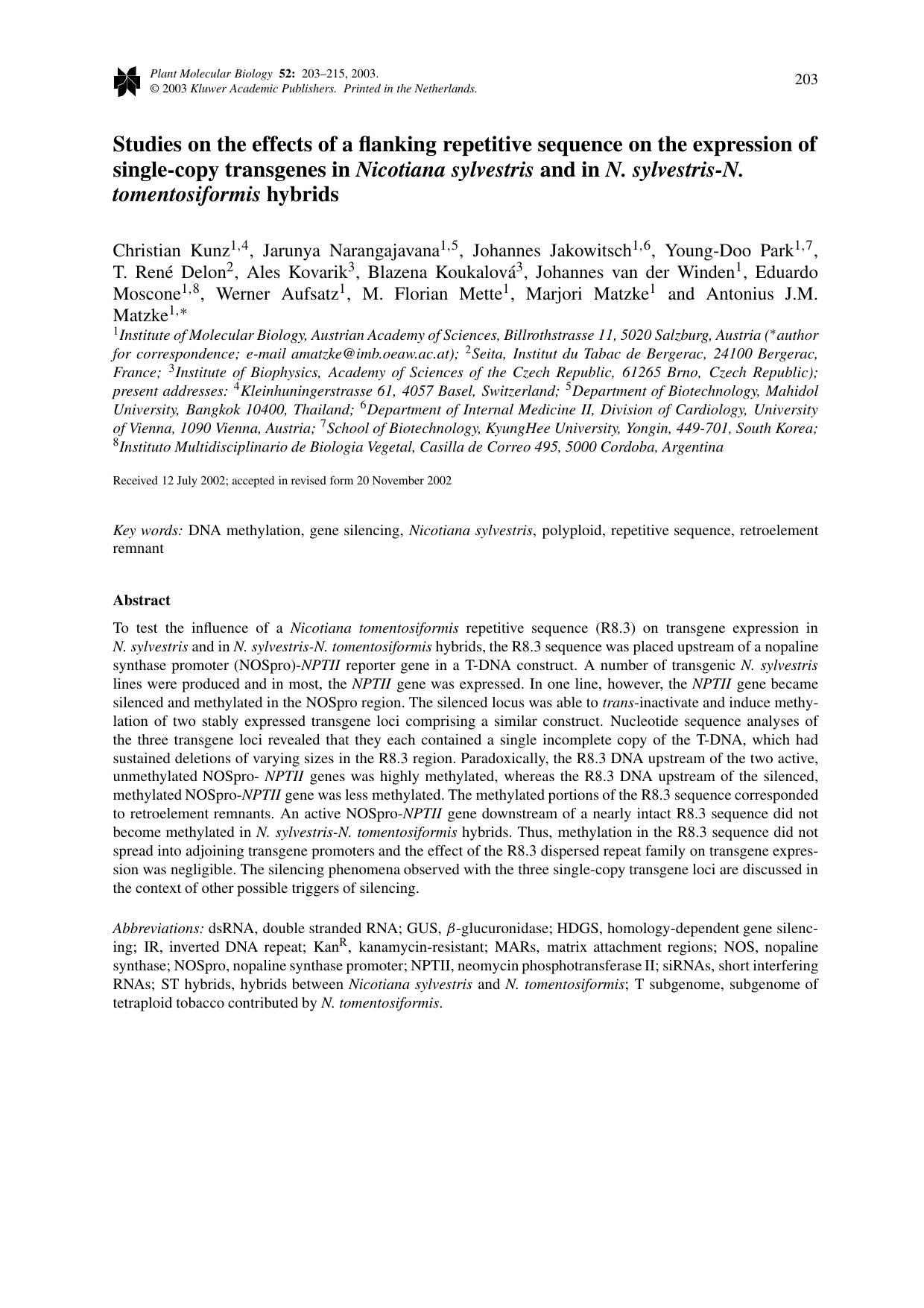 Studies on the effects of a flanking repetitive sequence on the expression of single-copy transgenes in <Emphasis Type="Italic">Nicotiana sylvestris<Emphasis> and in <Emphasis Type by Unknown