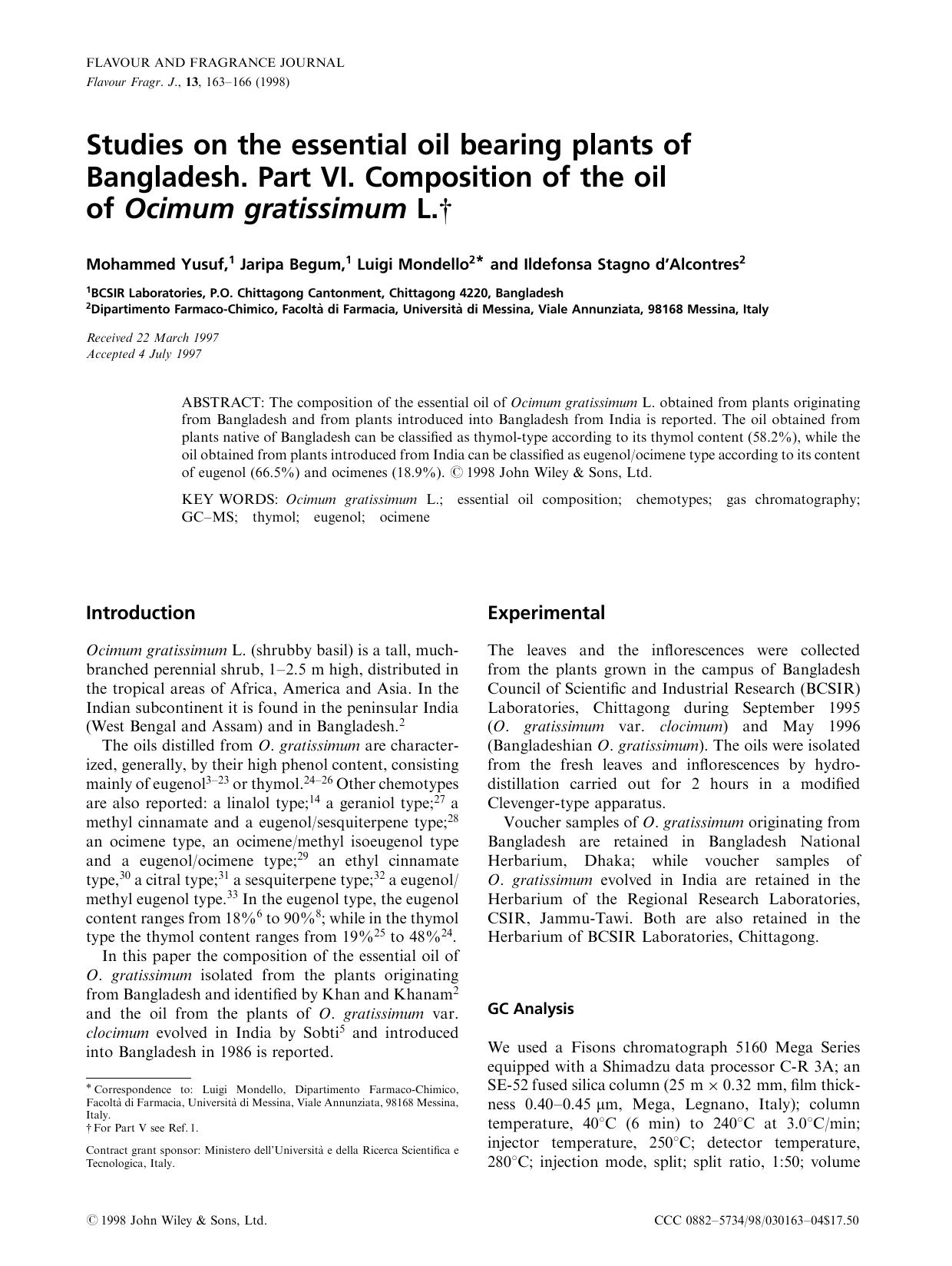 Studies on the essential oil bearing plants of Bangladesh. Part VI. Composition of the oil of Ocimum gratissimum L. by Unknown