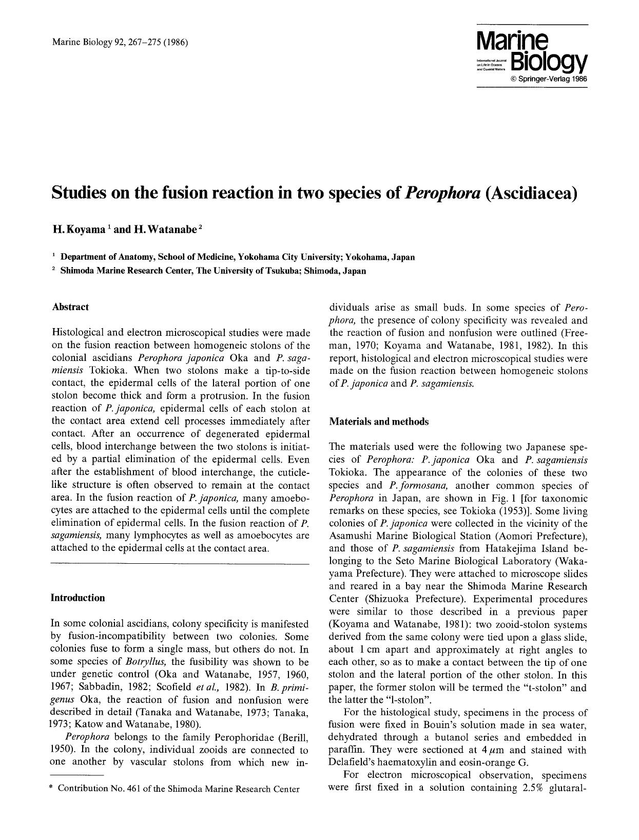 Studies on the fusion reaction in two species of <Emphasis Type="Italic">Perophora<Emphasis> (Ascidiacea) by Unknown