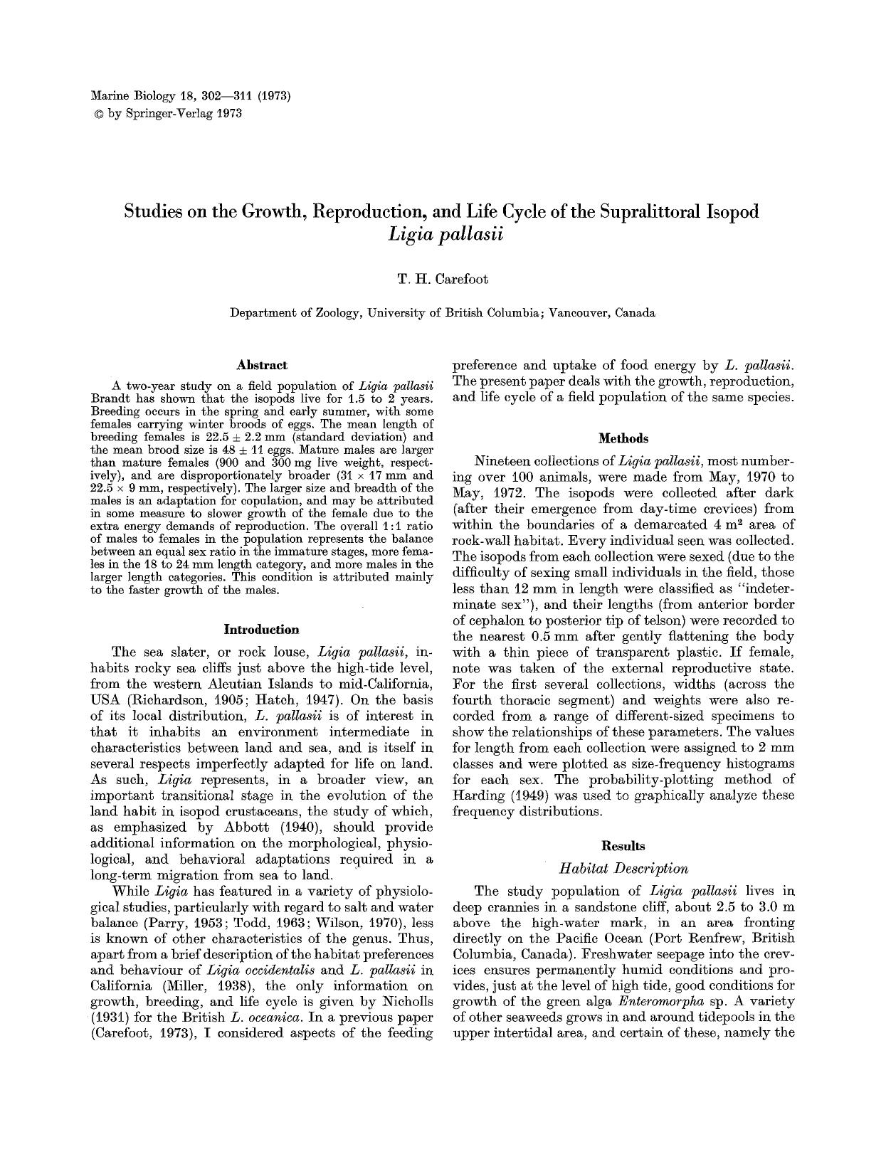 Studies on the growth, reproduction, and life cycle of the supralittoral isopod <Emphasis Type="Italic">Ligia pallasii<Emphasis> by Unknown