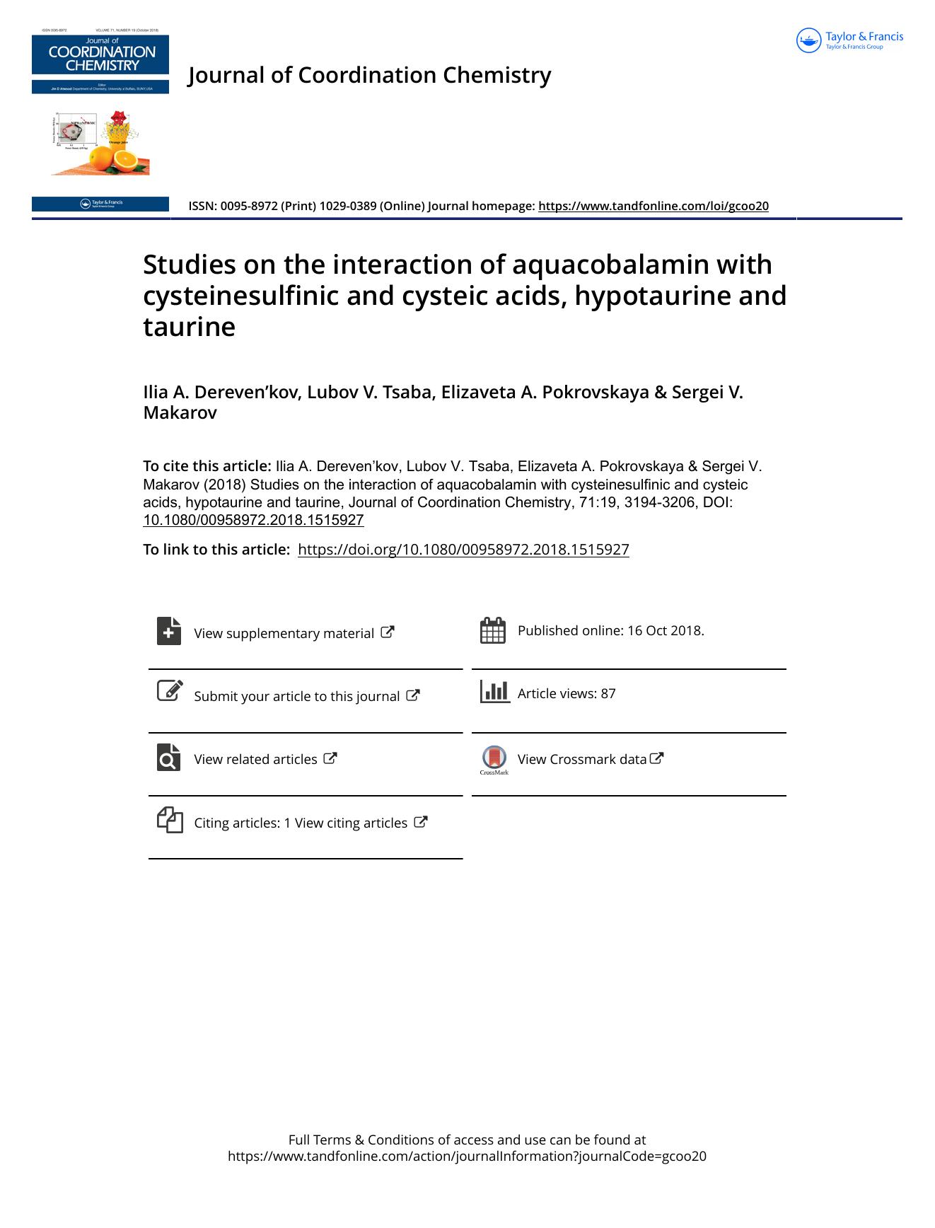 Studies on the interaction of aquacobalamin with cysteinesulfinic and cysteic acids, hypotaurine and taurine by Dereven’kov Ilia A. & Tsaba Lubov V. & Pokrovskaya Elizaveta A. & Makarov Sergei V