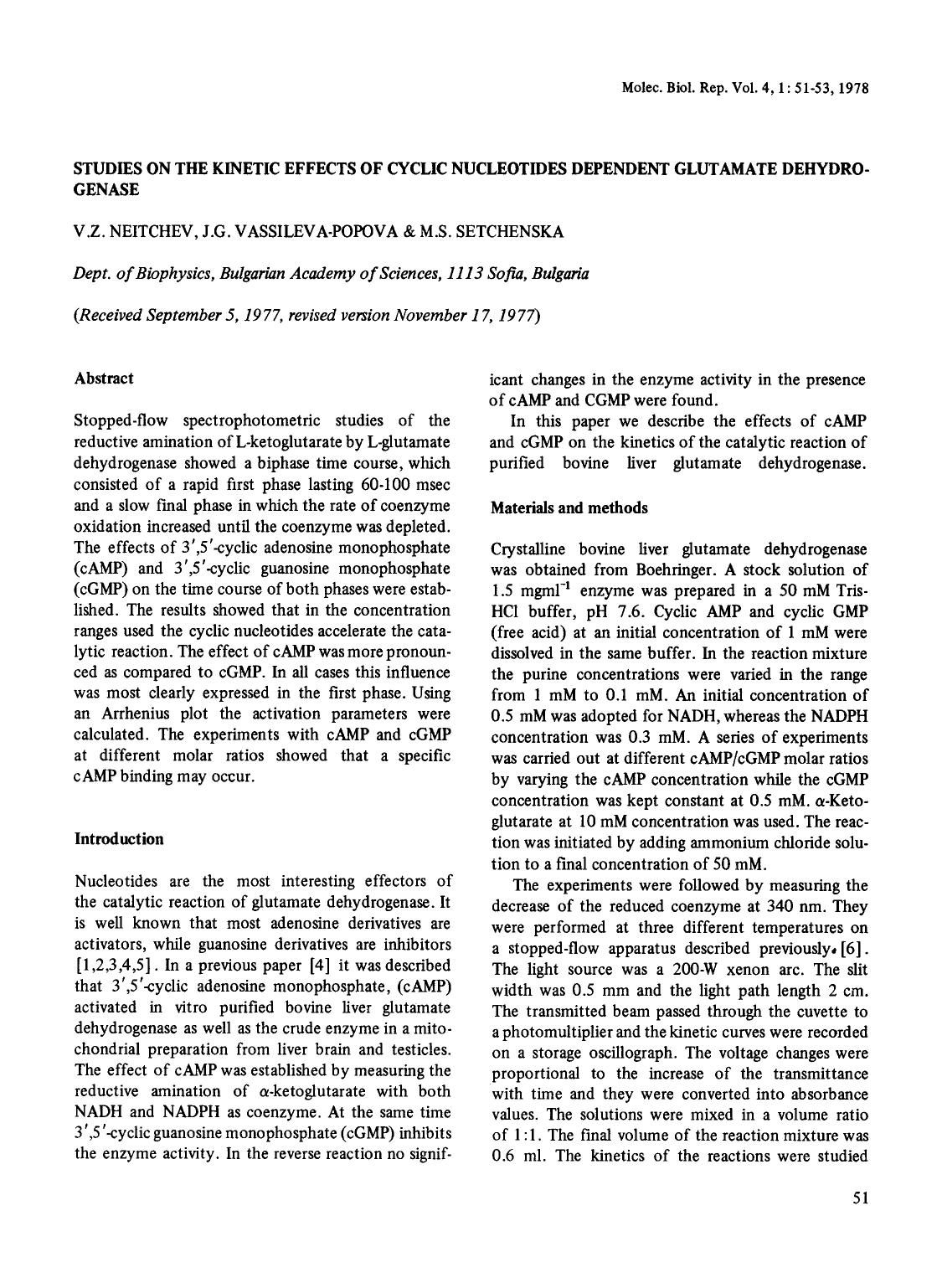 Studies on the kinetic effects of cyclic nucleotides dependent glutamate dehydrogenase by Unknown