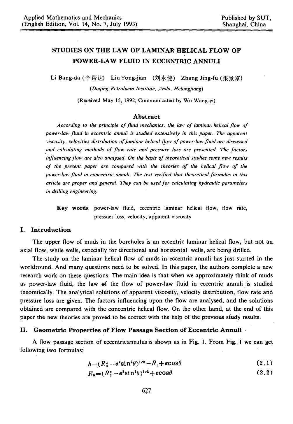 Studies on the law of laminar helical flow of power-law fluid in eccentric annuli by Unknown