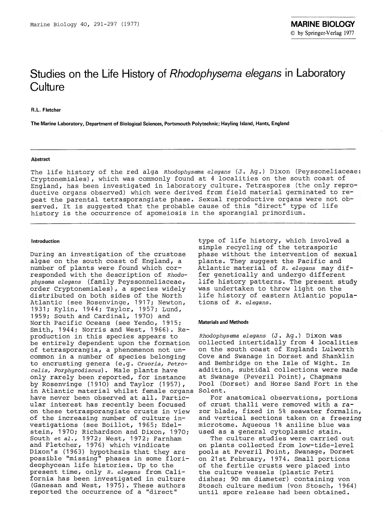 Studies on the life history of <Emphasis Type="Italic">Rhodophysema elegans<Emphasis> in laboratory culture by Unknown