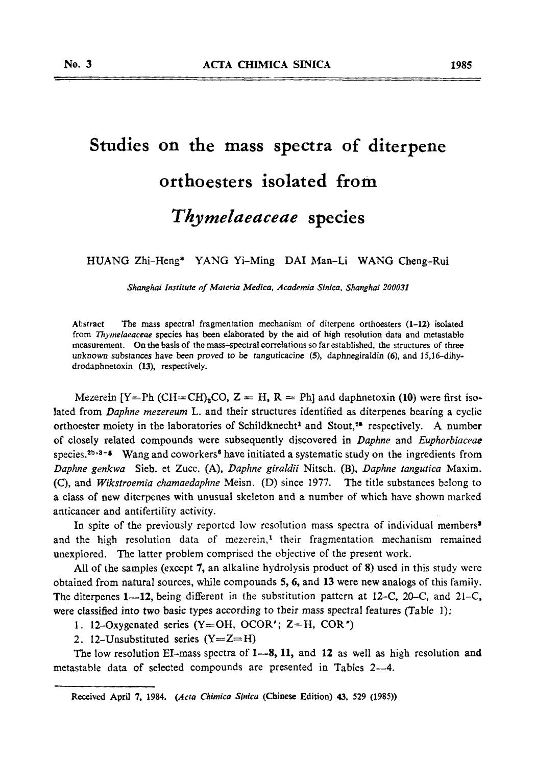 Studies on the mass spectra of diterpene orthoesters isolated from Thymelaeaceae species by Unknown