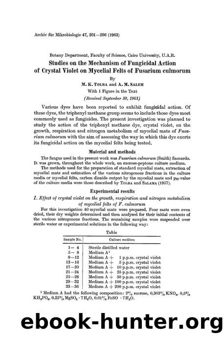 Studies on the mechanism of fungicidal action of crystal violet on mycelial felts of fusarium culmorum by Unknown