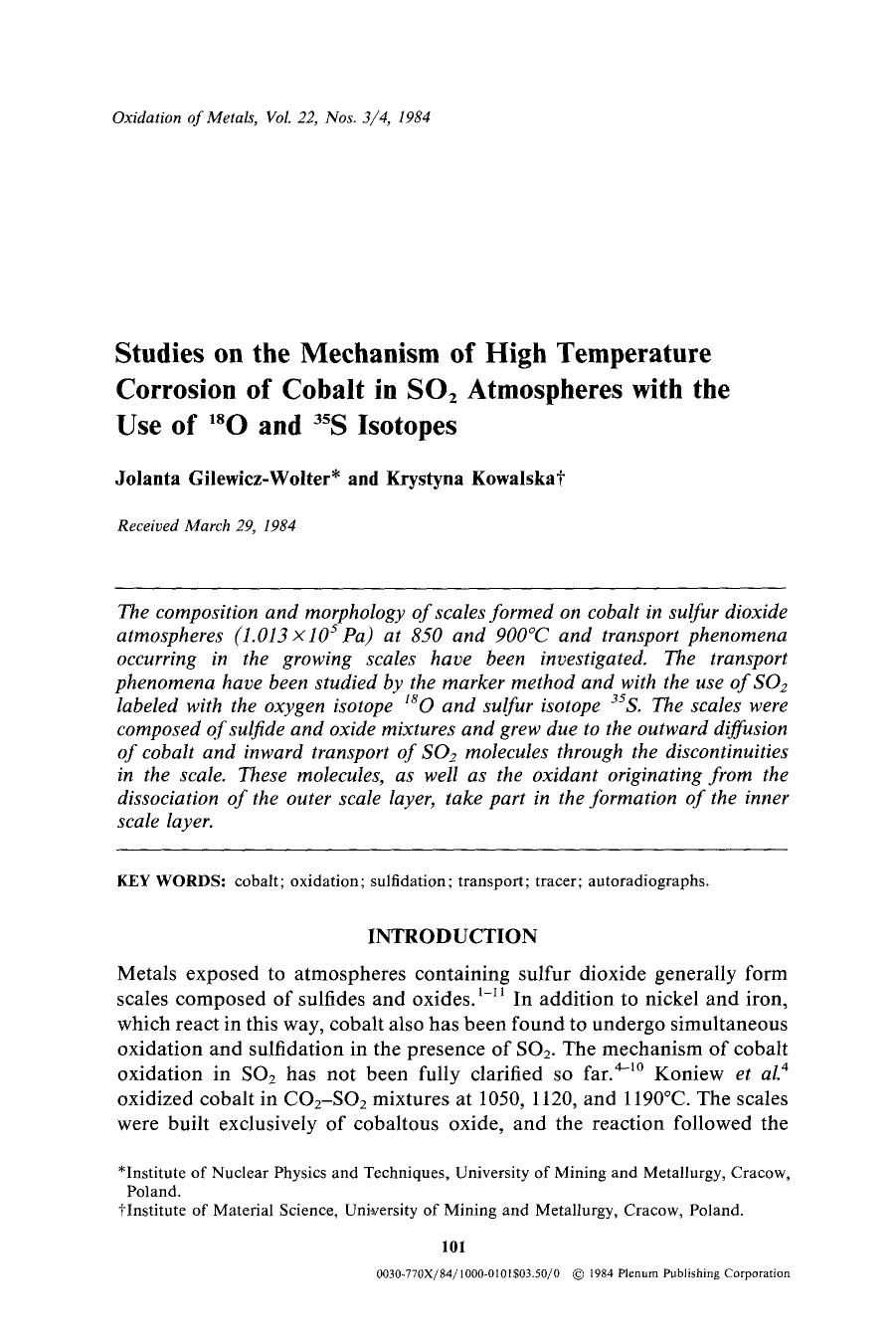 Studies on the mechanism of high temperature corrosion of cobalt in SO <Subscript>2 <Subscript> atmospheres with the use of <Superscript>18 <Superscript>O and <Superscript>35 <Superscript>S isotopes by Unknown