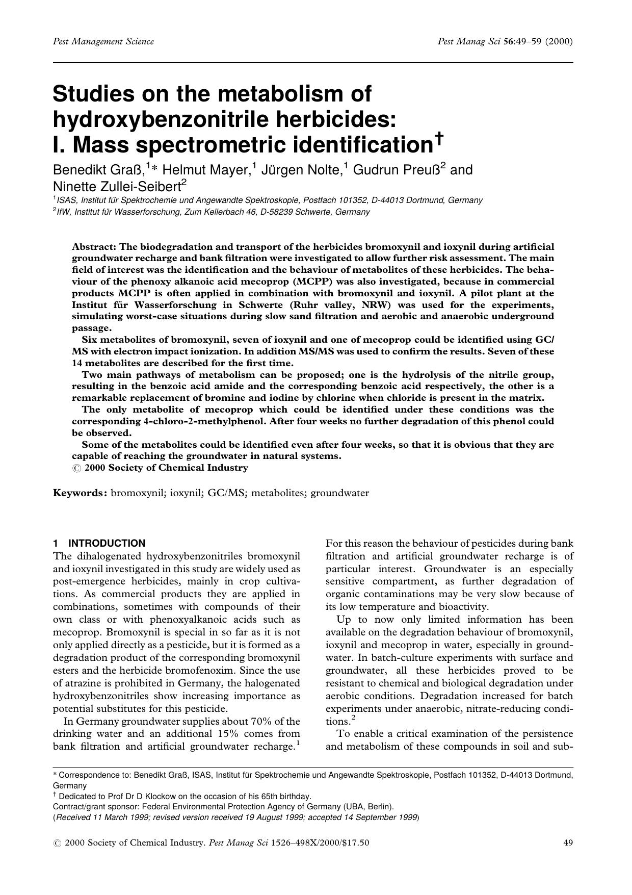 Studies on the metabolism of hydroxybenzonitrile herbicides: I. Mass spectrometric identification by Unknown