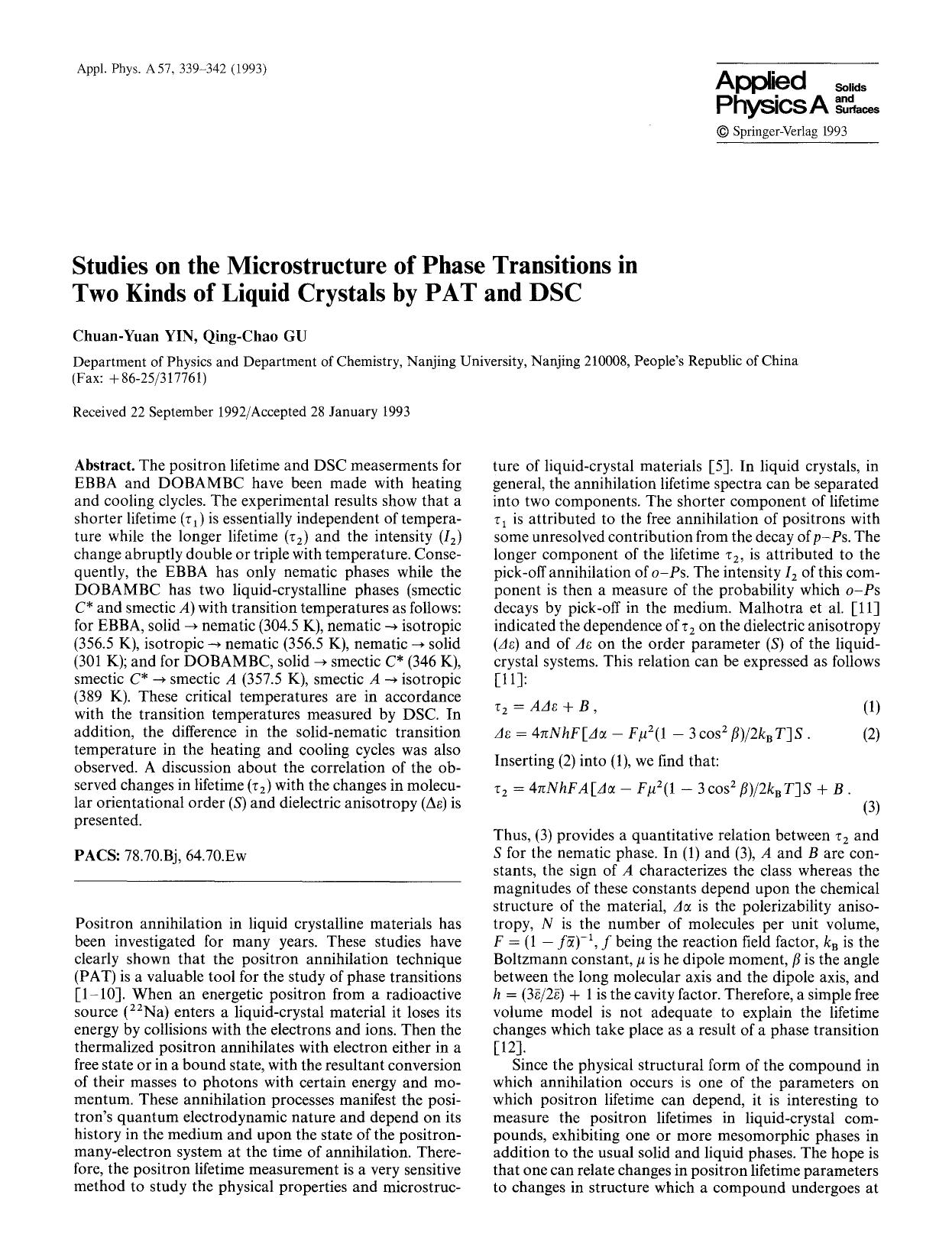 Studies on the microstructure of phase transitions in two kinds of liquid crystals by PAT and DSC by Unknown