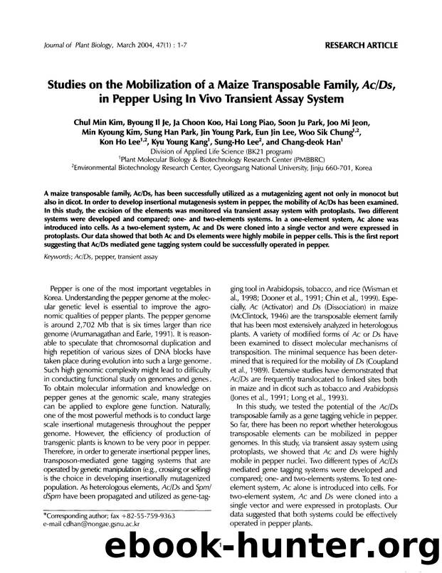 Studies on the mobilization of a maize transposable family, <Emphasis Type="Italic">AcDs <Emphasis>, in pepper using In Vivo transient assay system by Unknown