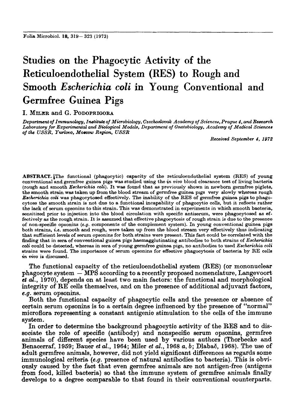 Studies on the phagocytic activity of the reticuloendothelial system (RES) to rough and smooth <Emphasis Type="Italic">Escherichia coli <Emphasis> in young conventional and germfree guinea pigs by Unknown