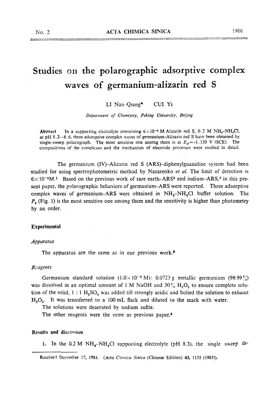 Studies on the polarographic adsorptive complex waves of germaniumalizarin red S by Unknown