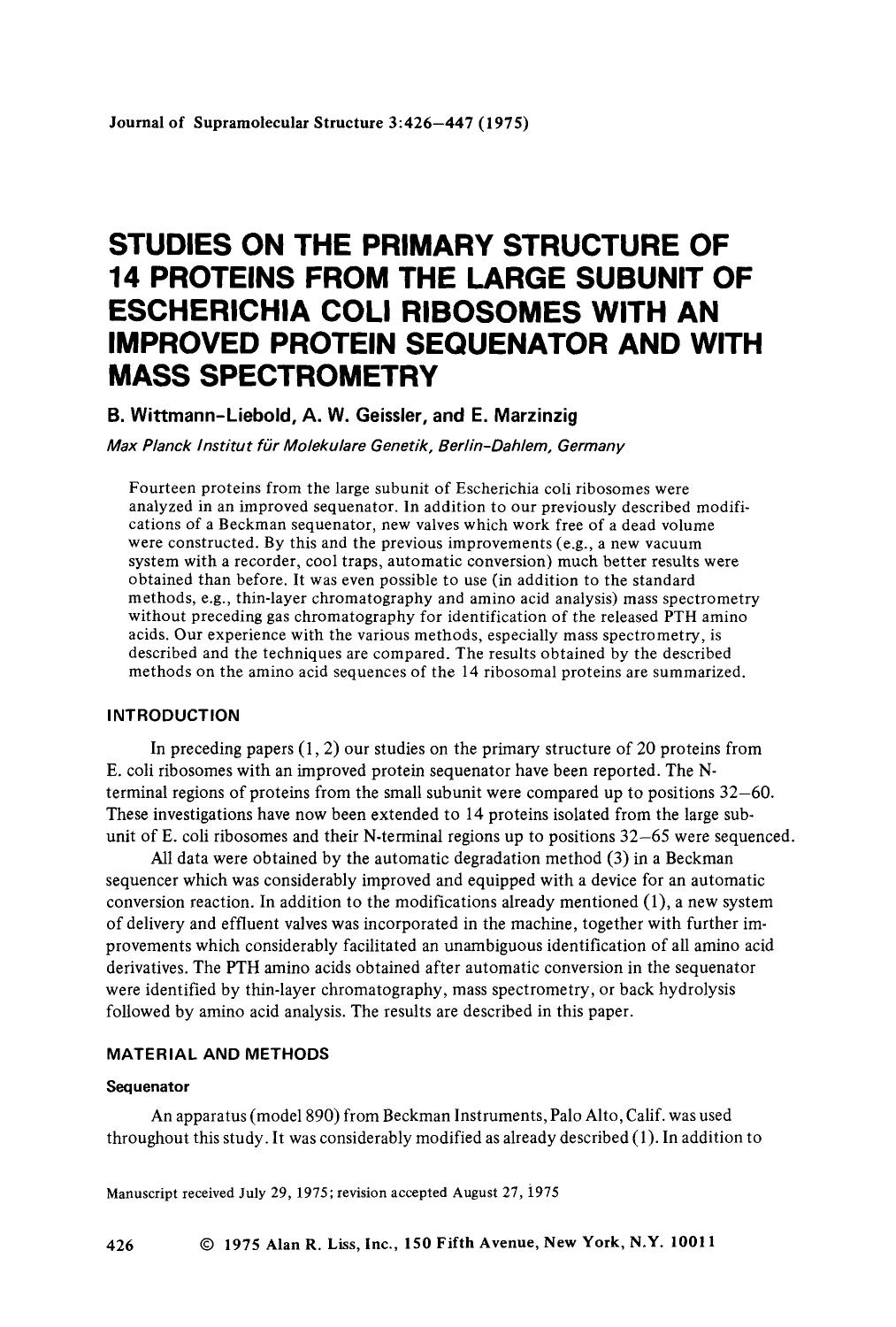 Studies on the primary structure of 14 proteins from the large subunit of escherichia coli ribosomes with an improved protein sequenator and with mass spectrometry by Unknown