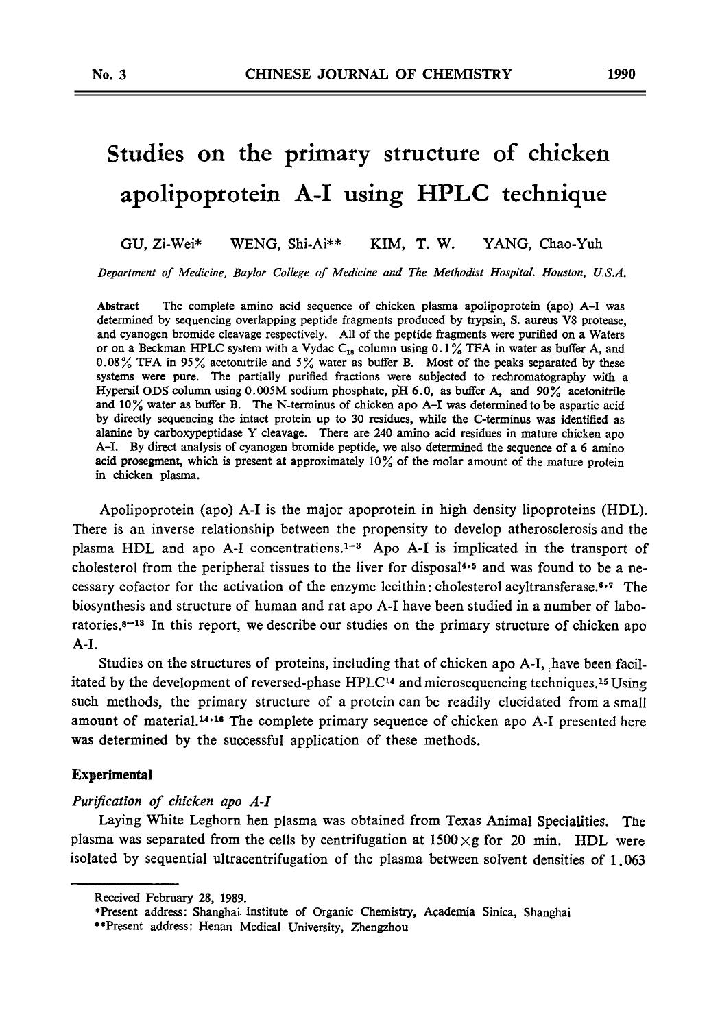 Studies on the primary structure of chicken apolipoprotein AI using HPLC technique by Unknown