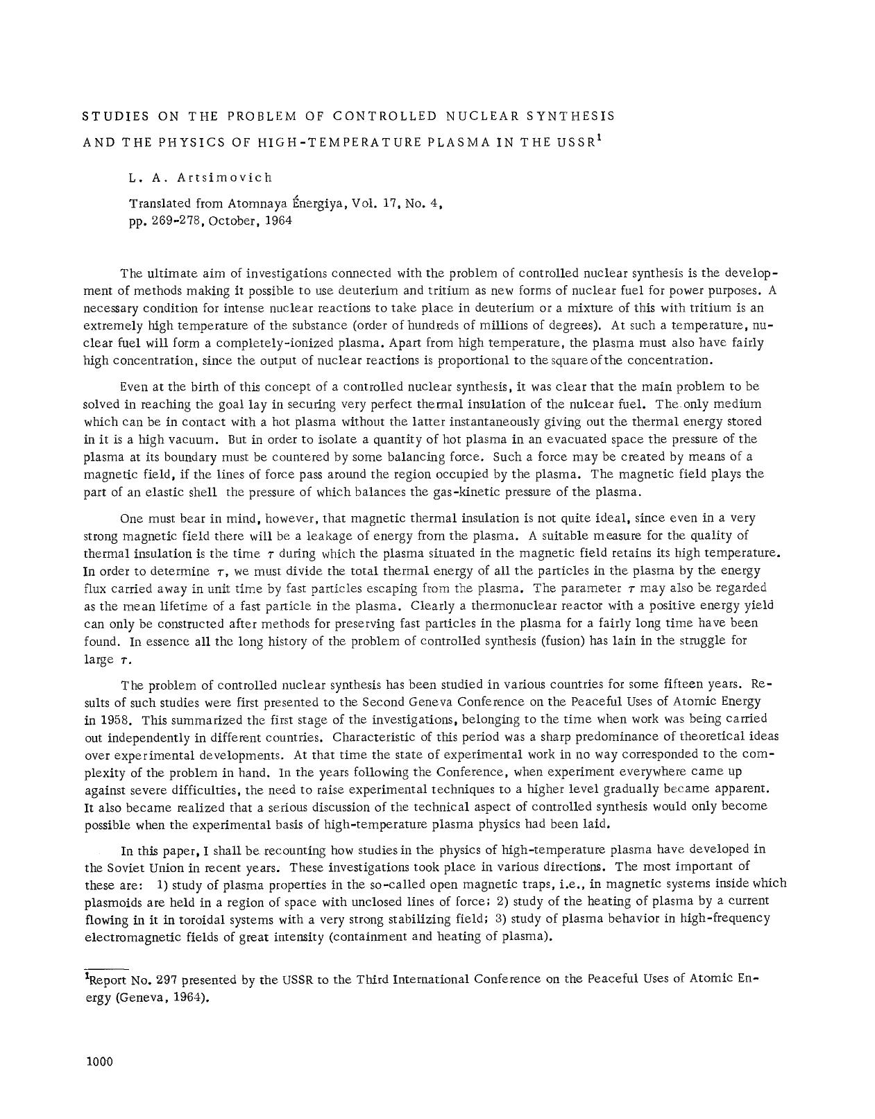 Studies on the problem of controlled nuclear synthesis and the physics of high-temperature plasma in the USSR by Unknown
