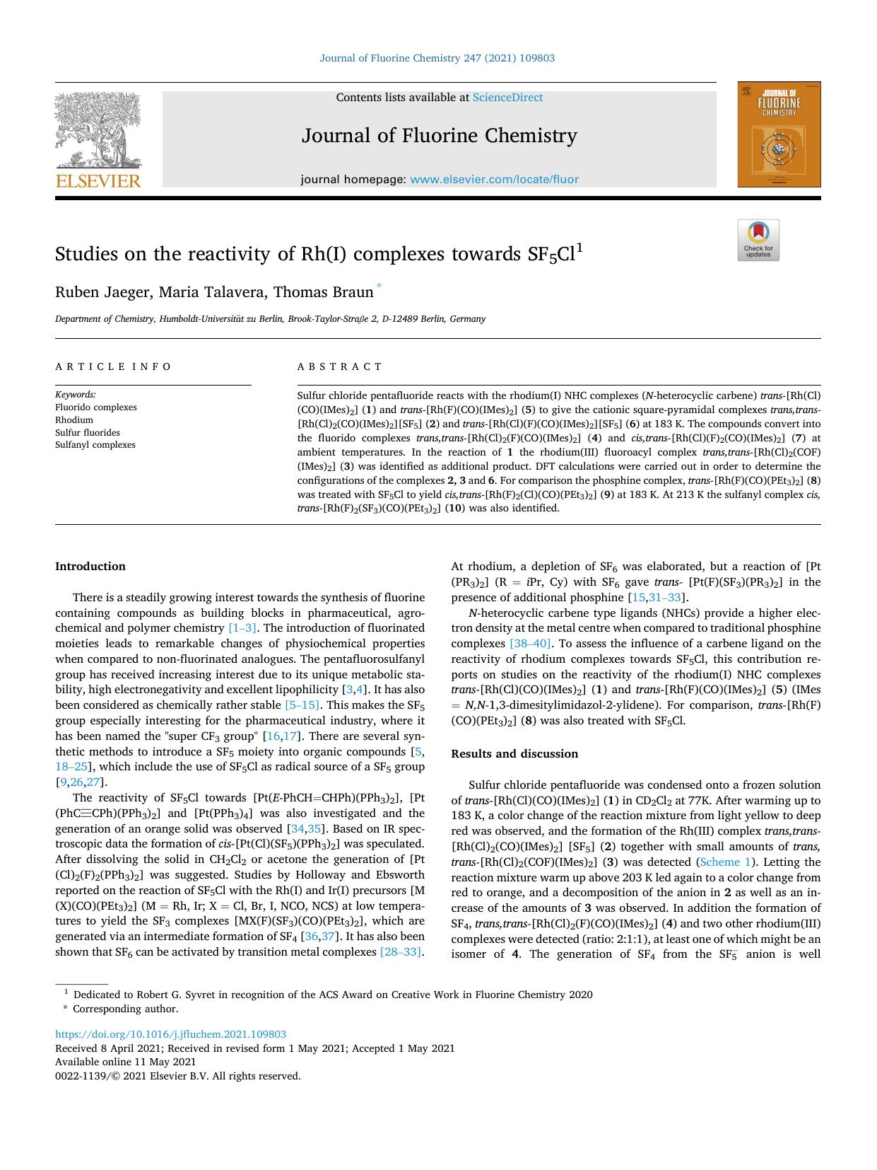 Studies on the reactivity of Rh(I) complexes towards SF5Cl by Ruben Jaeger & Maria Talavera & Thomas Braun