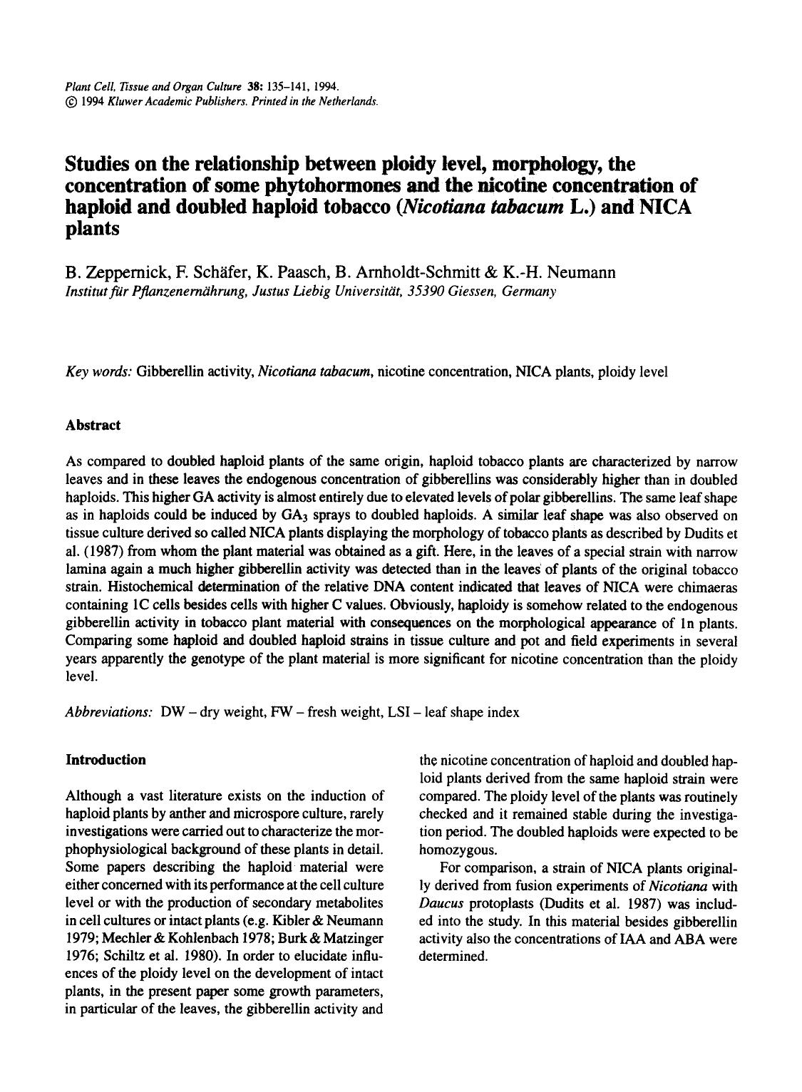 Studies on the relationship between ploidy level, morphology, the concentration of some phytohormones and the nicotine concentration of haploid and doubled haploid tobacco ( <Empha by Unknown