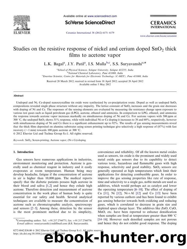 Studies on the resistive response of nickel and cerium doped SnO2 thick films to acetone vapor by L.K. Bagal & J.Y. Patil & I.S. Mulla & S.S. Suryavanshi