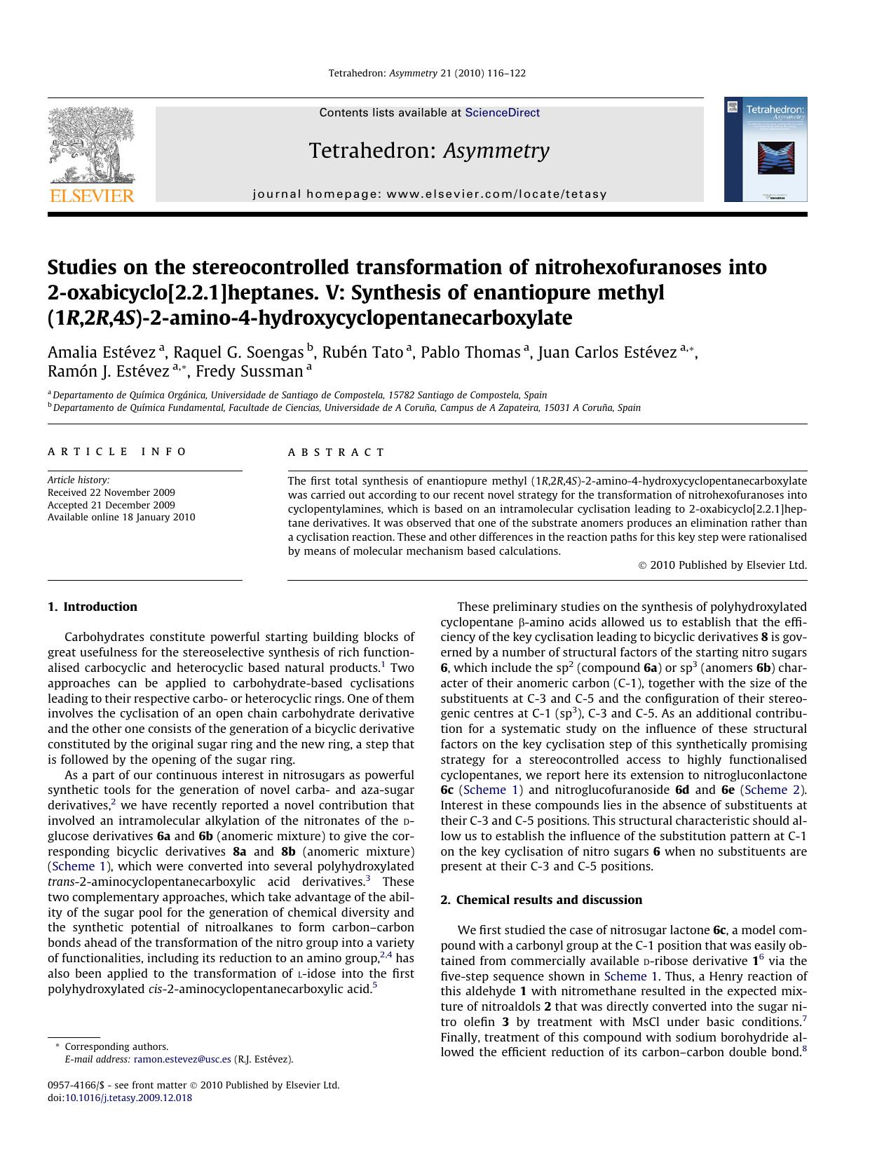 Studies on the stereocontrolled transformation of nitrohexofuranoses into 2-oxabicyclo[2.2.1]heptanes. V: Synthesis of enantiopure methyl (1R,2R,4S)-2-amino-4-hydroxycyclopentanecarboxylate by unknow
