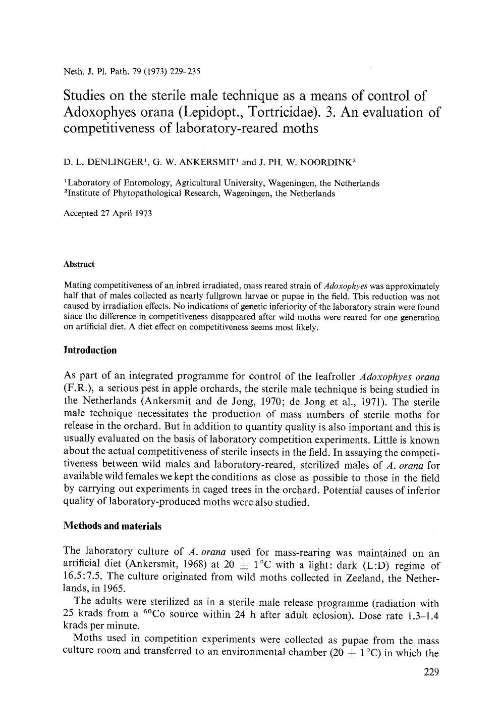 Studies on the sterile male technique as a means of control of Adoxophyes orana (Lepidopt., Tortricidae). 3. An evaluation of competitiveness of laboratory-reared moths by Unknown