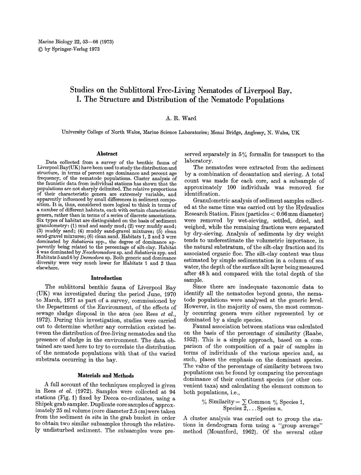 Studies on the sublittoral free-living nematodes of Liverpool Bay. I. The structure and distribution of the nematode populations by Unknown