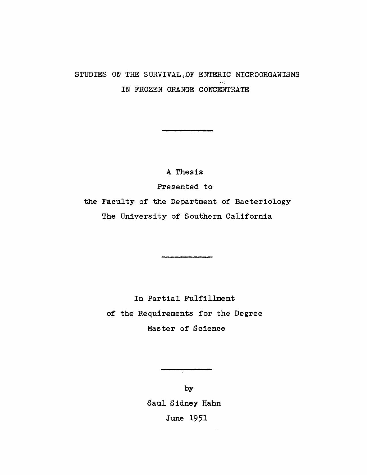 Studies on the survival of enteric microorganisms in frozen orange concentrate by Hahn Saul Sidney