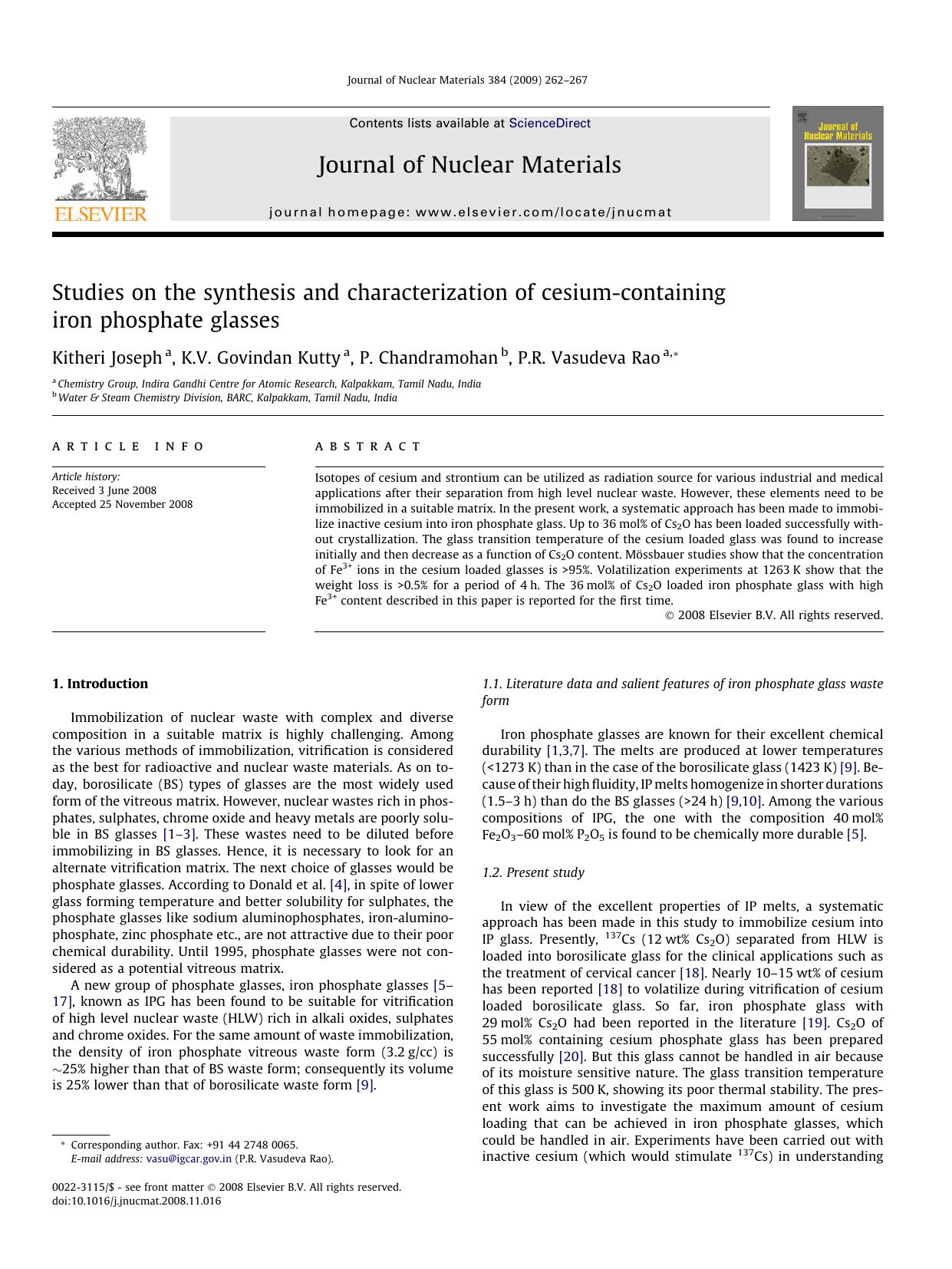 Studies on the synthesis and characterization of cesium-containing iron phosphate glasses by Kitheri Joseph; K.V. Govindan Kutty; P. Chandramohan; P.R. Vasudeva Rao