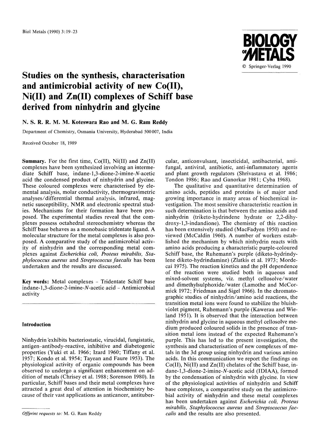 Studies on the synthesis, characterisation and antimicrobial activity of new Co(II), Ni(II) and Zn(II) complexes of Schiff base derived from ninhydrin and glycine by Unknown