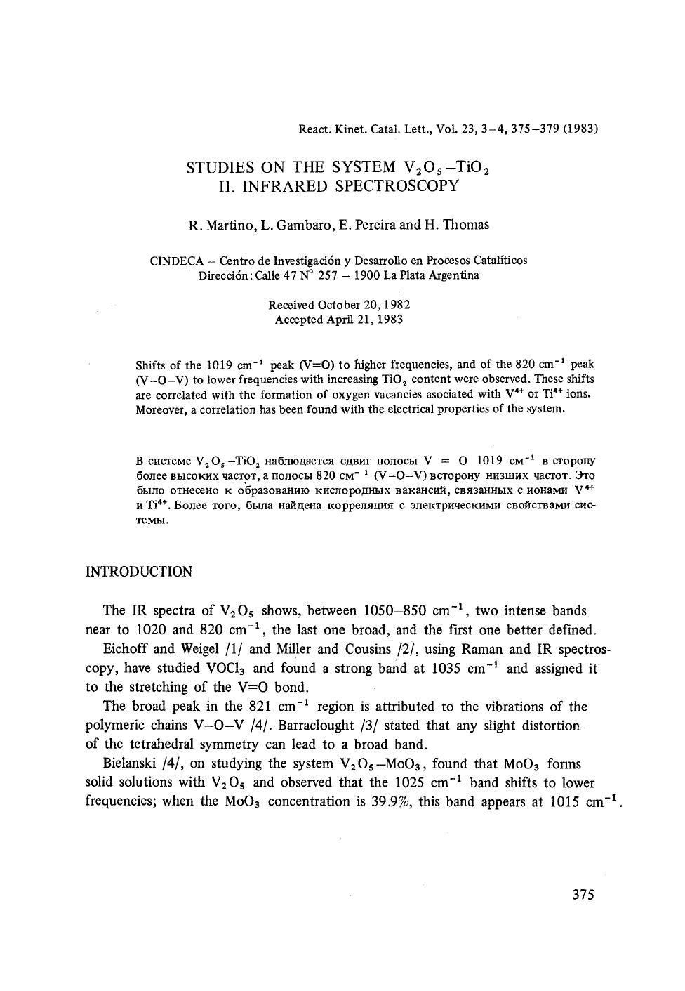 Studies on the system V <Subscript>2 <Subscript>O <Subscript>5 <Subscript>&#x2212;TiO <Subscript>2 <Subscript> II. Infrared spectroscopy by Unknown