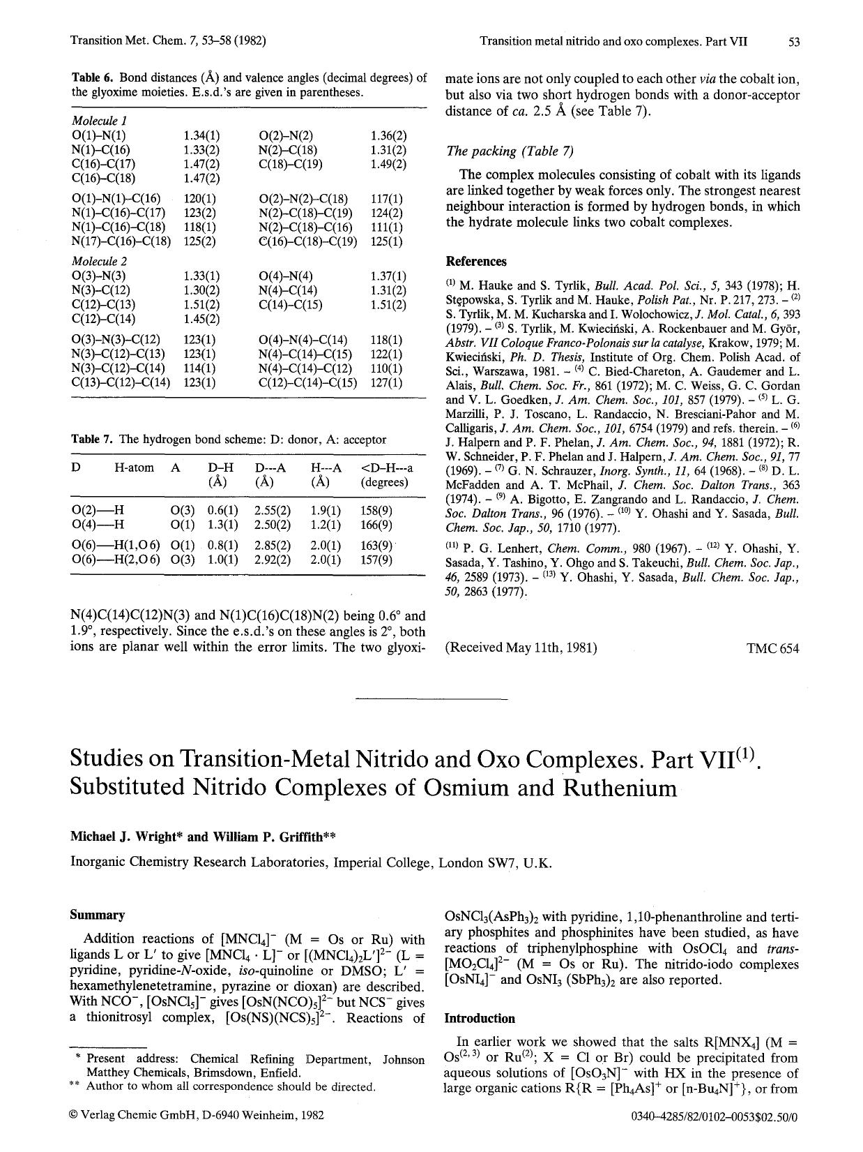 Studies on transition-metal nitrido and oxo complexes. Part VII <Superscript>(1) <Superscript>. Substituted nitrido complexes of osmium and ruthenium by Unknown