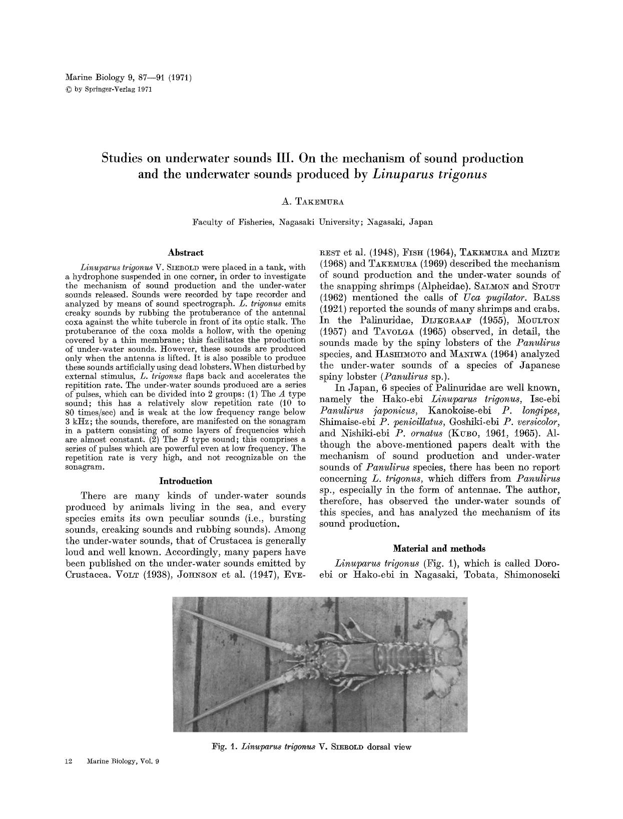 Studies on underwater sounds III. On the mechanism of sound production and the underwater sounds produced by <Emphasis Type="Italic">Linuparus trigonus<Emphasis> by Unknown