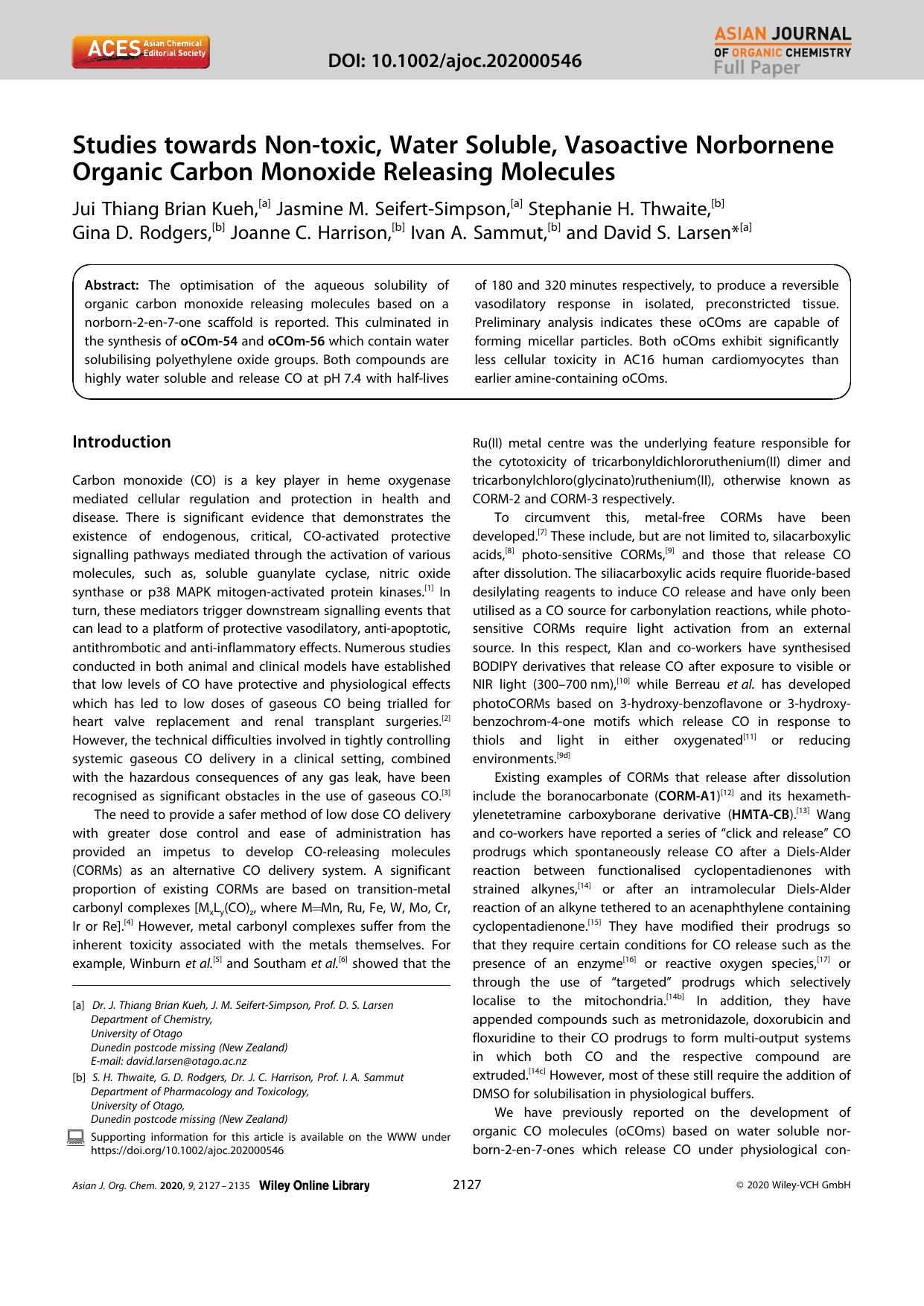 Studies towards Nonâtoxic, Water Soluble, Vasoactive Norbornene Organic Carbon Monoxide Releasing Molecules by Unknown