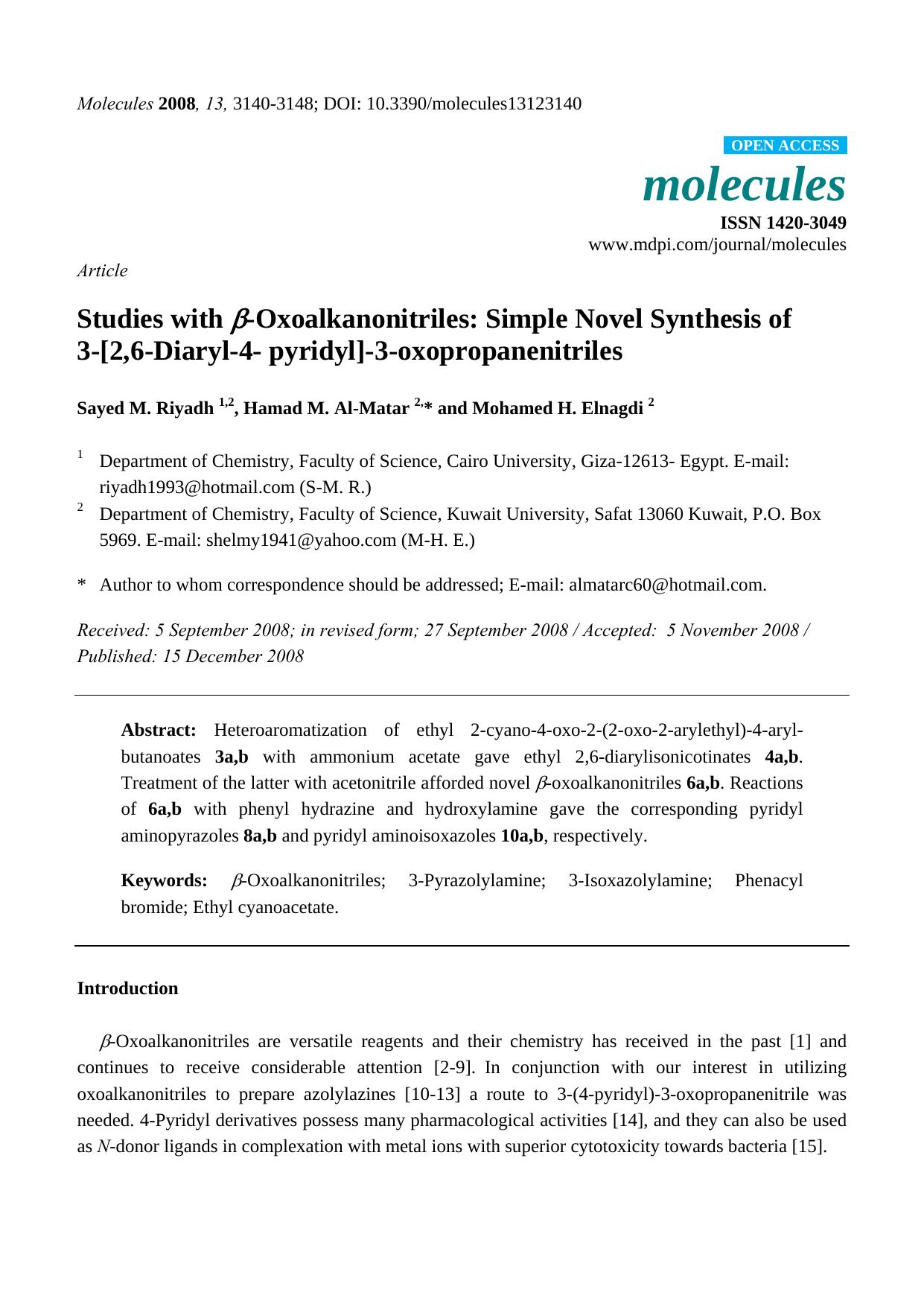 Studies with Î²-Oxoalkanonitriles: Simple Novel Synthesis of 3-[2,6-Diaryl-4- pyridyl]-3-oxopropanenitriles by Sayed M. Riyadh & Hamad M. Al-Matar & Mohamed H. Elnagdi