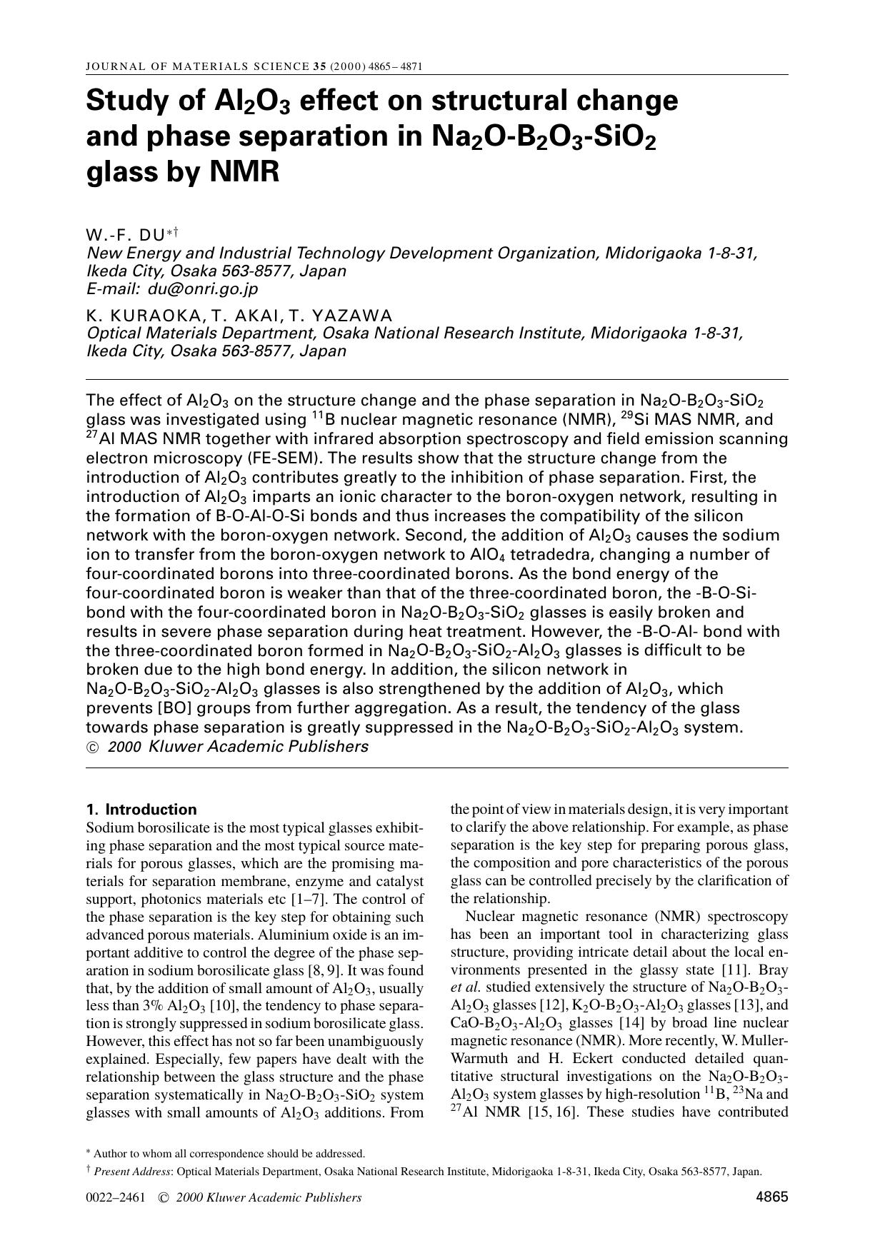 Study of Al2O3 effect on structural change and phase separation in Na2O-B2O3-SiO2 glass by NMR by Unknown