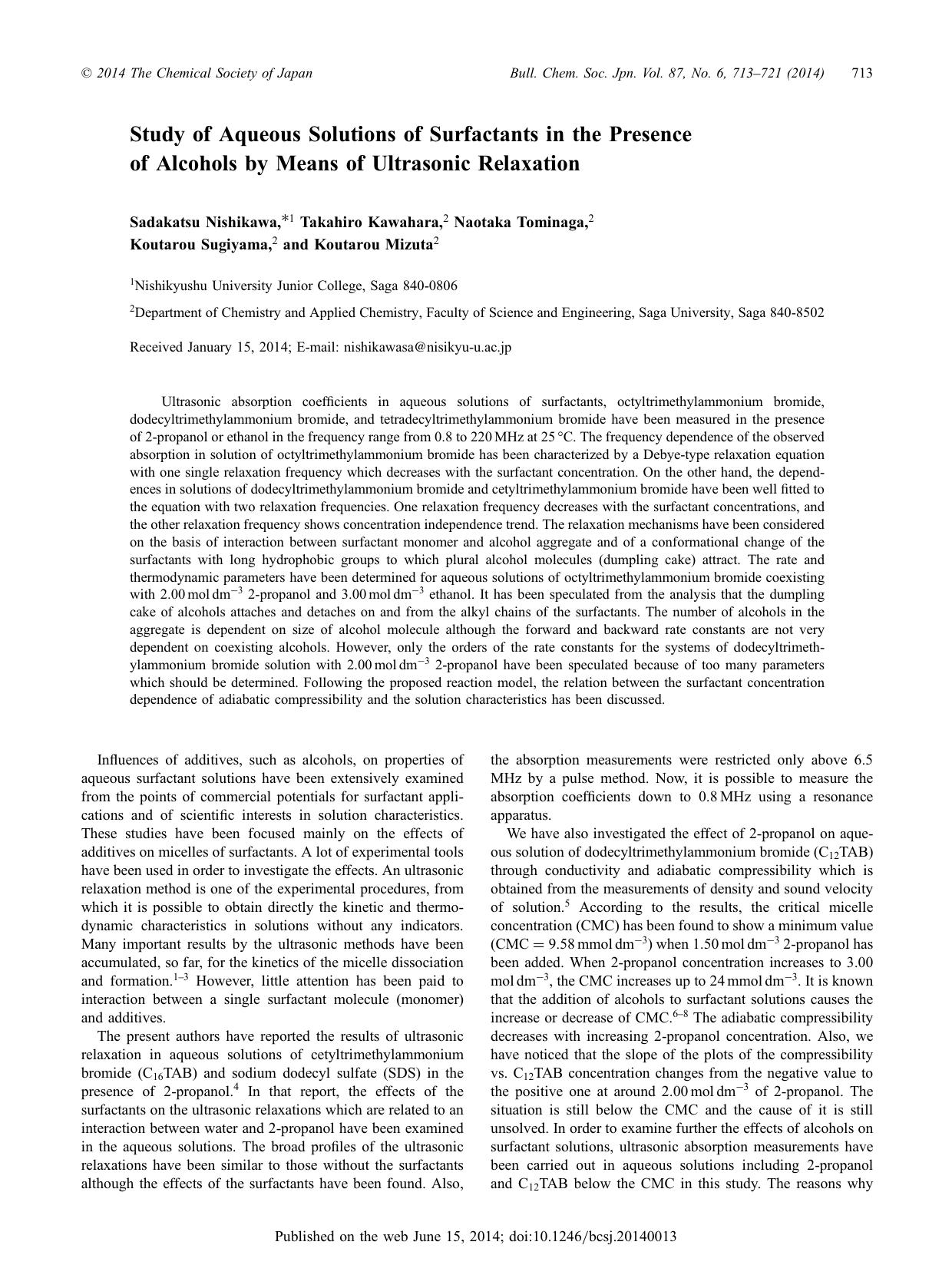 Study of Aqueous Solutions of Surfactants in the Presence of Alcohols by Means of Ultrasonic Relaxation by Sadakatsu Nishikawa Takahiro Kawahara Naotaka Tominaga Koutarou Sugiyama Koutarou Mizuta