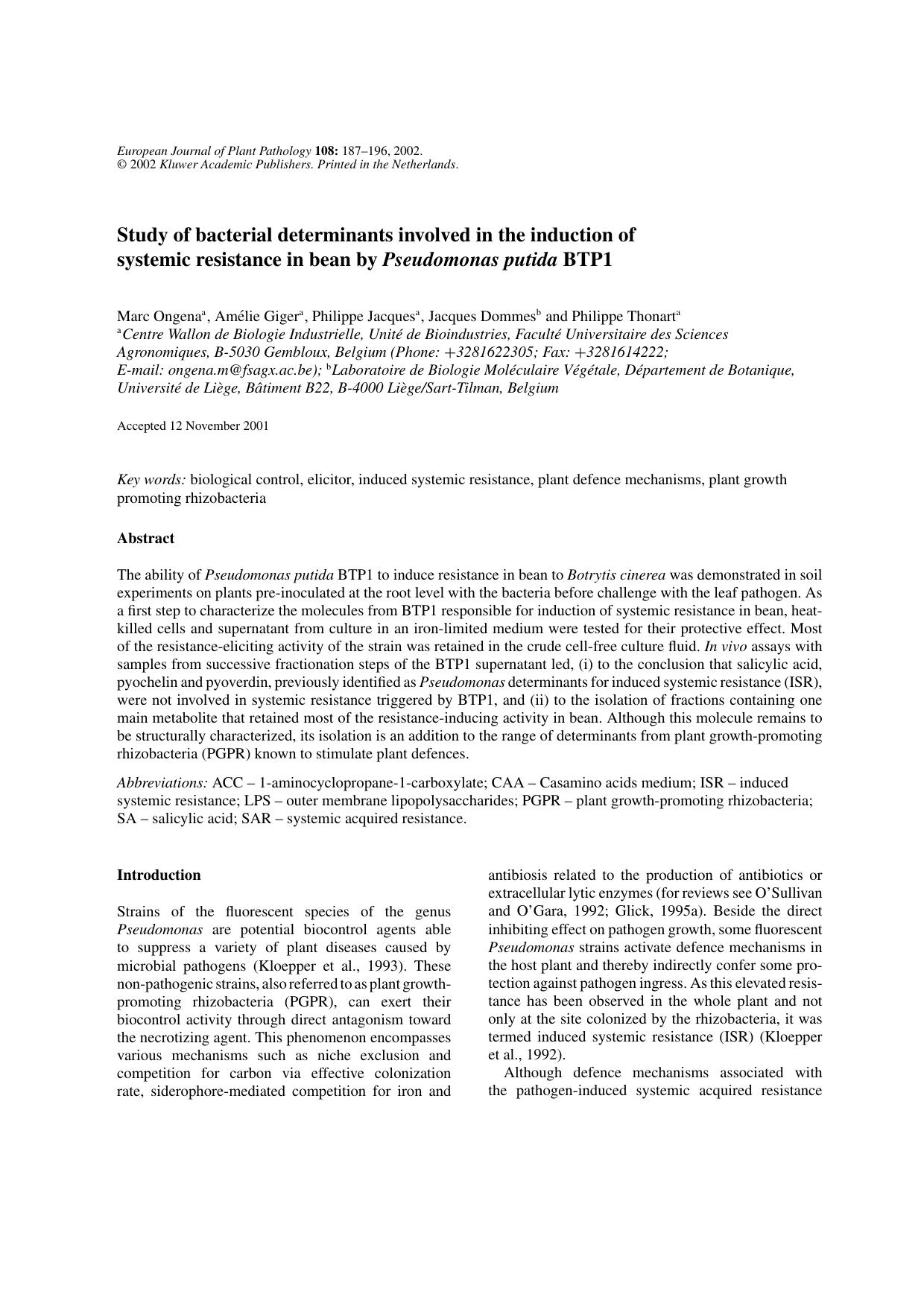 Study of Bacterial Determinants Involved in the Induction of Systemic Resistance in Bean by <Emphasis Type="Italic">Pseudomonas putida<Emphasis> BTP1 by Unknown