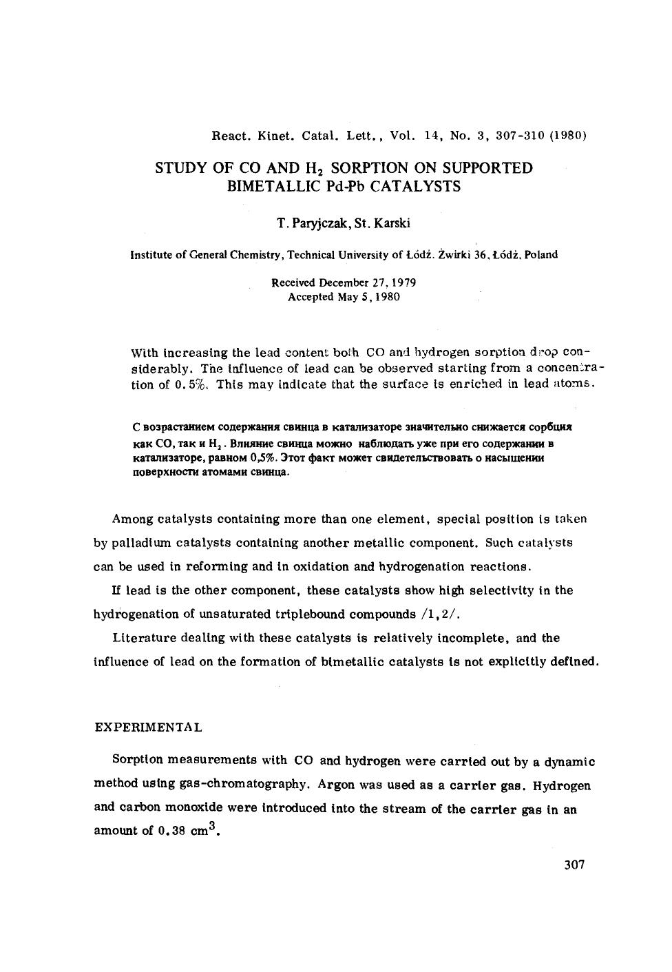 Study of CO and H <Subscript>2 <Subscript> sorption on supported bimetallic Pd&#x2212;Pb catalysts by Unknown