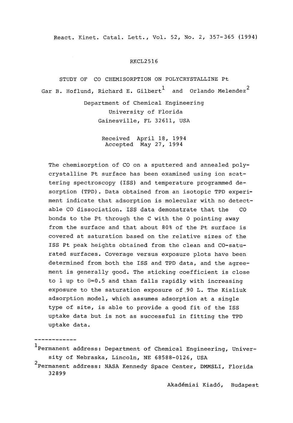 Study of CO chemisorption on polycrystalline Pt by Unknown