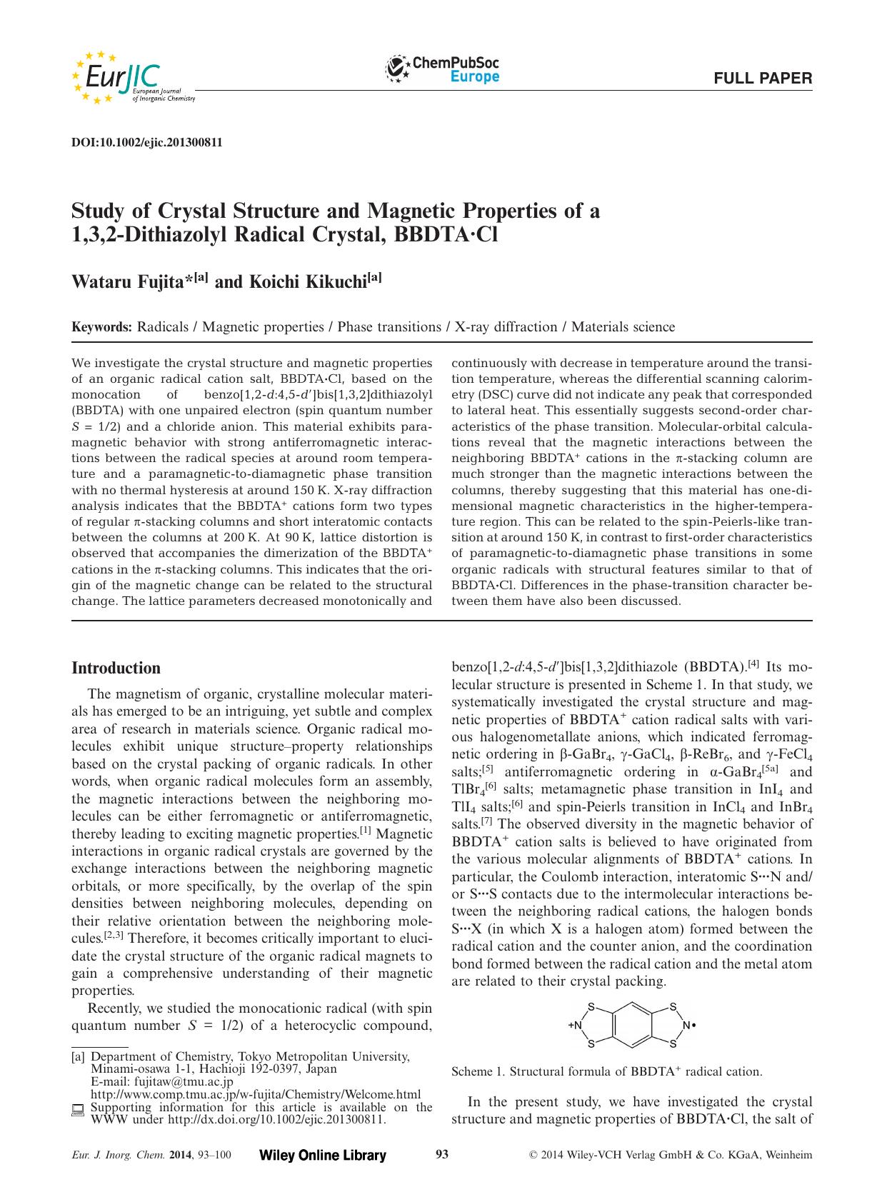 Study of Crystal Structure and Magnetic Properties of a 1,3,2Dithiazolyl Radical Crystal, BBDTACl by Unknown