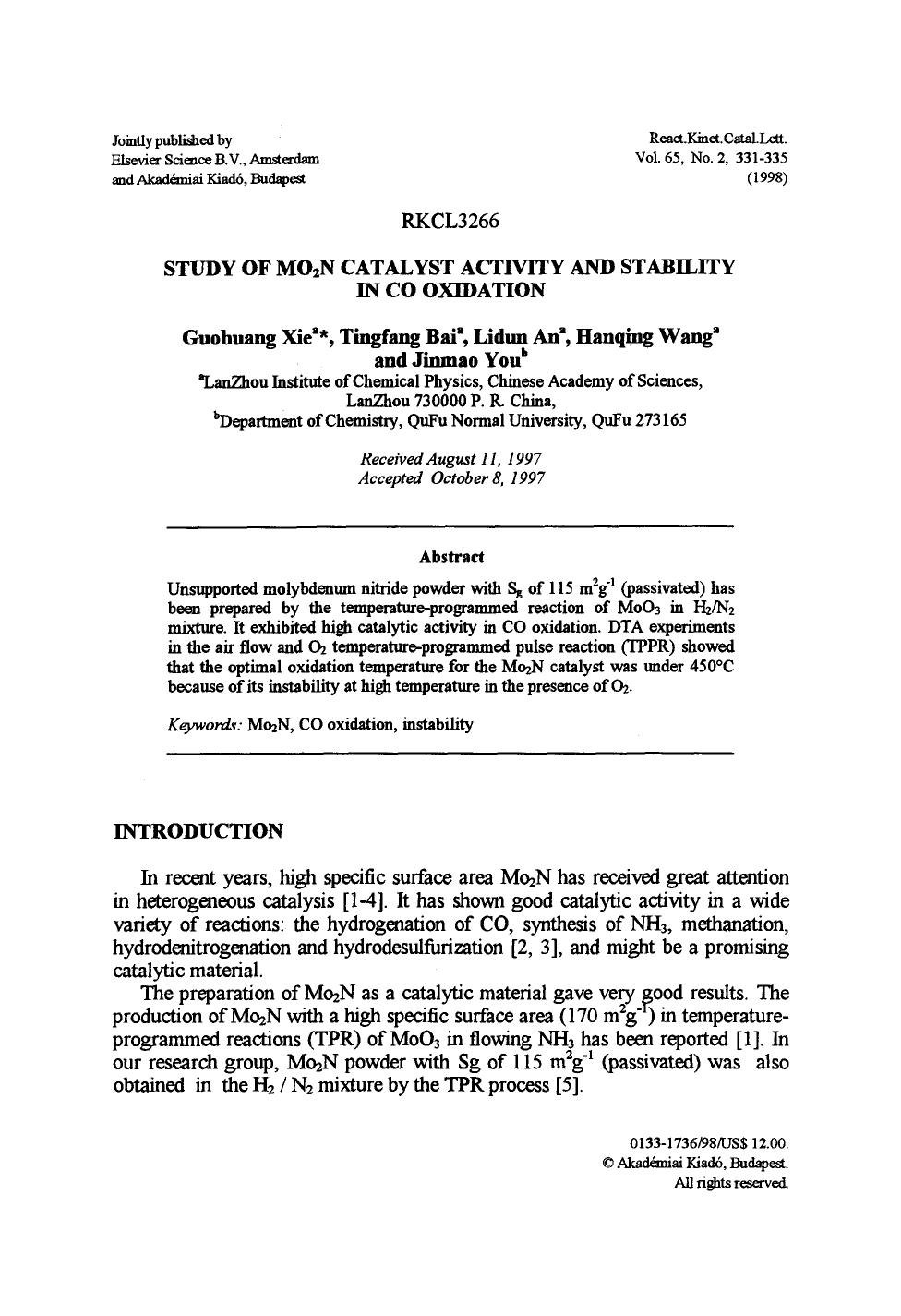 Study of MO <Subscript>2 <Subscript>N catalyst activity and stability in CO oxidation by Unknown