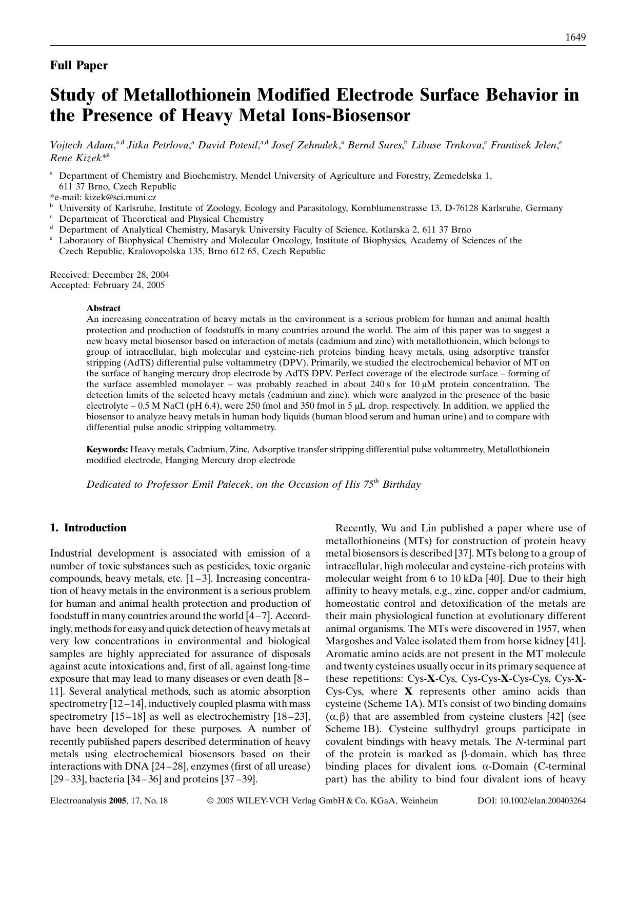 Study of Metallothionein Modified Electrode Surface Behavior in the Presence of Heavy Metal Ions-Biosensor by Unknown