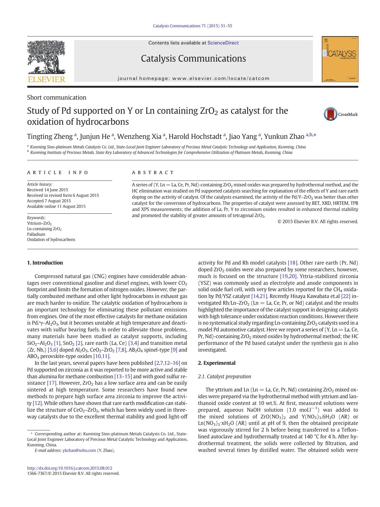 Study of Pd supported on Y or Ln containing ZrO2 as catalyst for the oxidation of hydrocarbons by Tingting Zheng & Junjun He & Wenzheng Xia & Harold Hochstadt & Jiao Yang & Yunkun Zhao