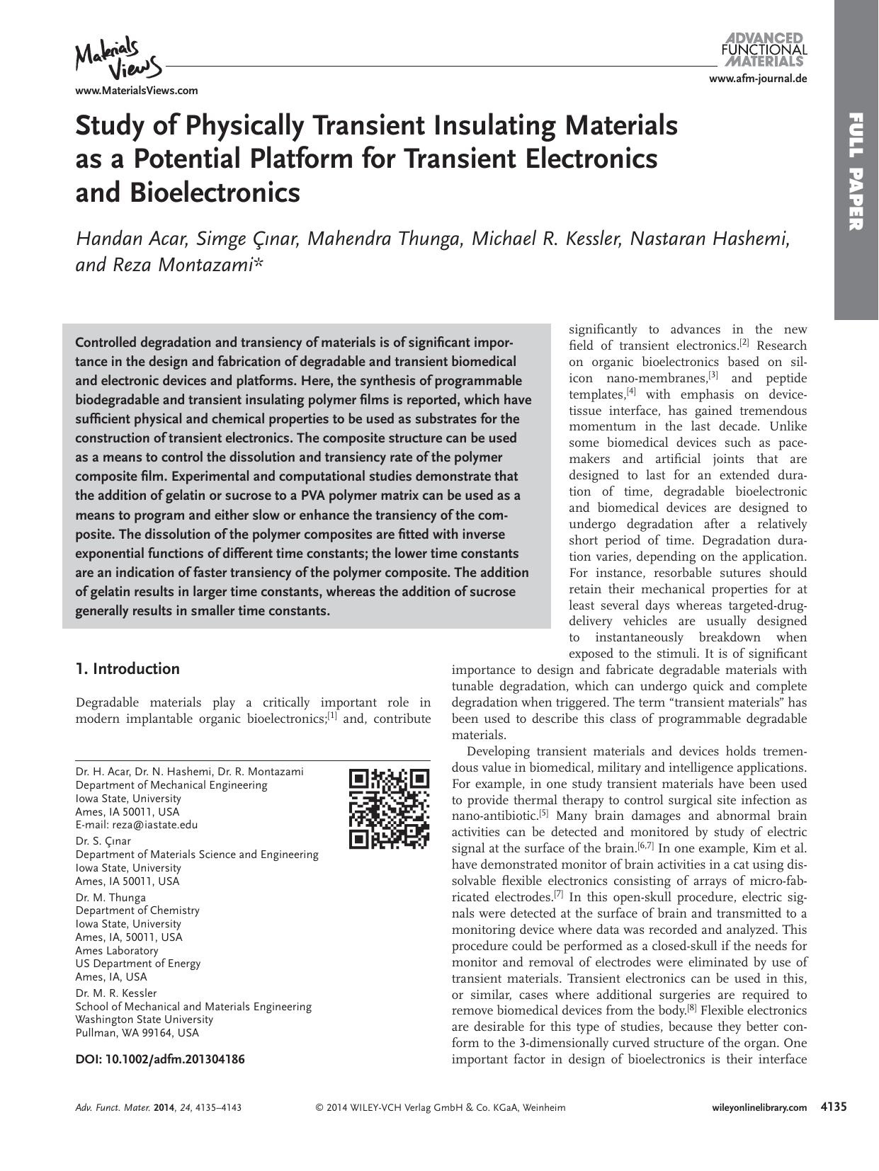 Study of Physically Transient Insulating Materials as a Potential Platform for Transient Electronics and Bioelectronics by processteam