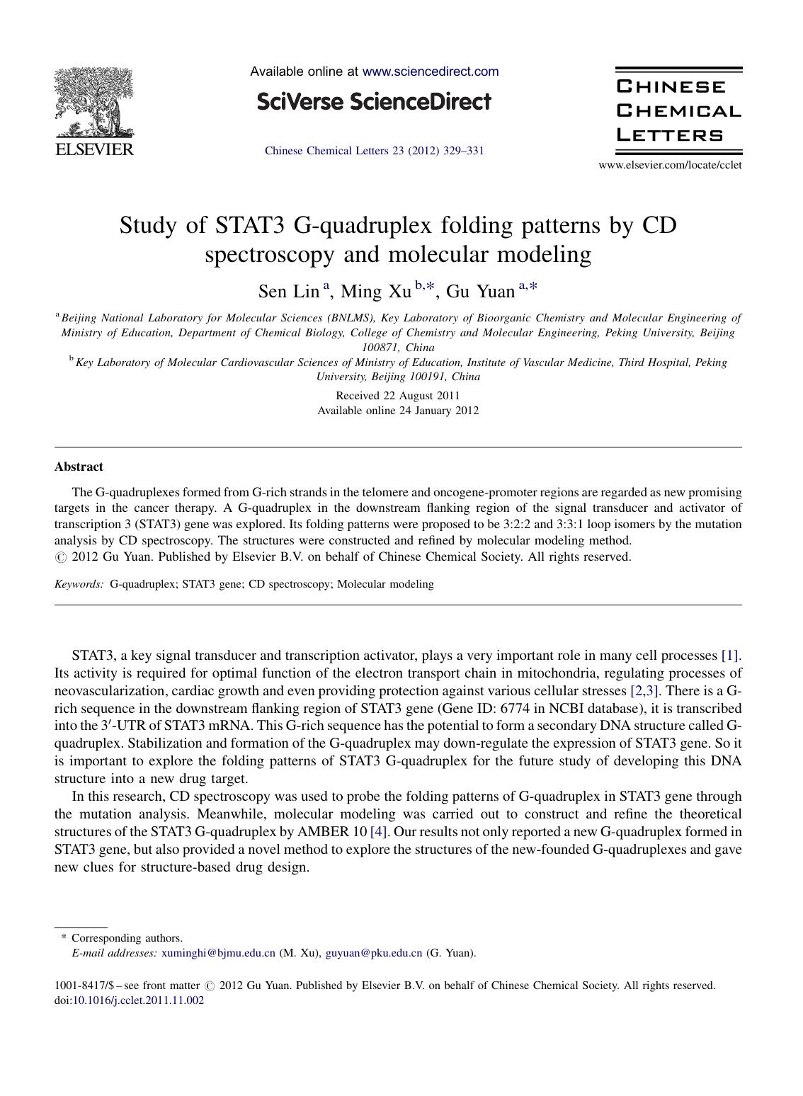 Study of STAT3 G-quadruplex folding patterns by CD spectroscopy and molecular modeling by Sen Lin