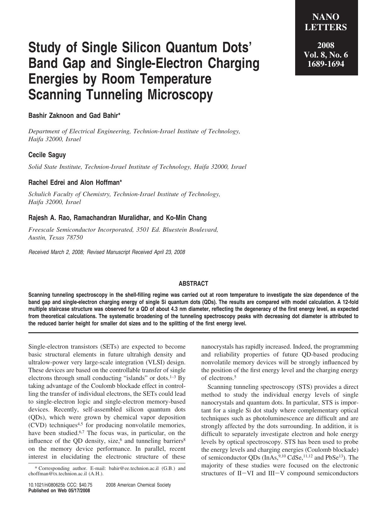 Study of Single Silicon Quantum Dotsâ Band Gap and Single-Electron Charging Energies by Room Temperature Scanning Tunneling Microscopy by Unknown