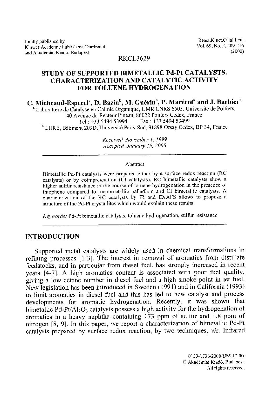 Study of Supported Bimetallic Pd-Pt Catalysts. Characterization and Catalytic Activity for Toluene Hydrogenation by Unknown