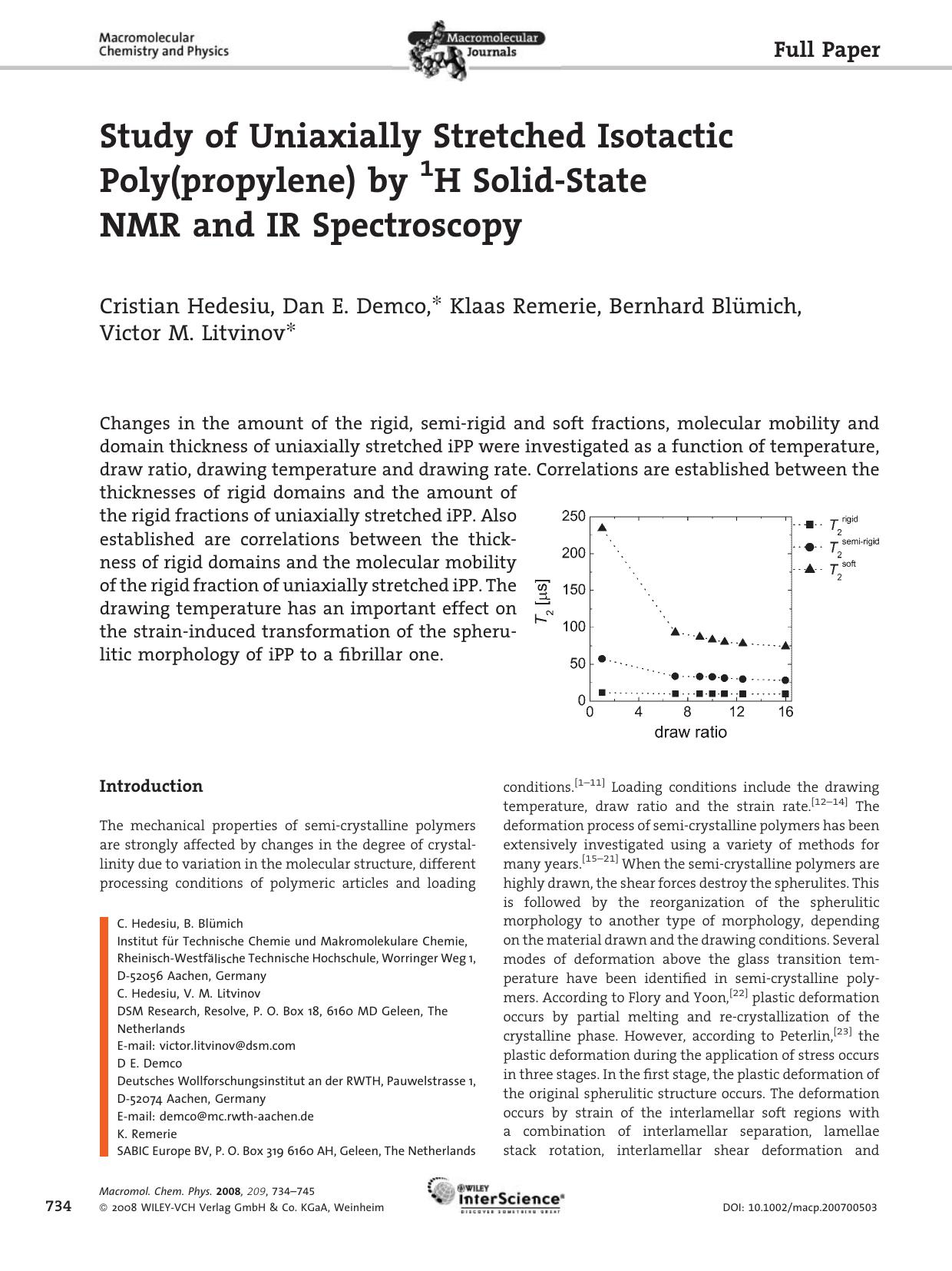 Study of Uniaxially Stretched Isotactic Poly(propylene) by 1H Solid-State NMR and IR Spectroscopy by Unknown
