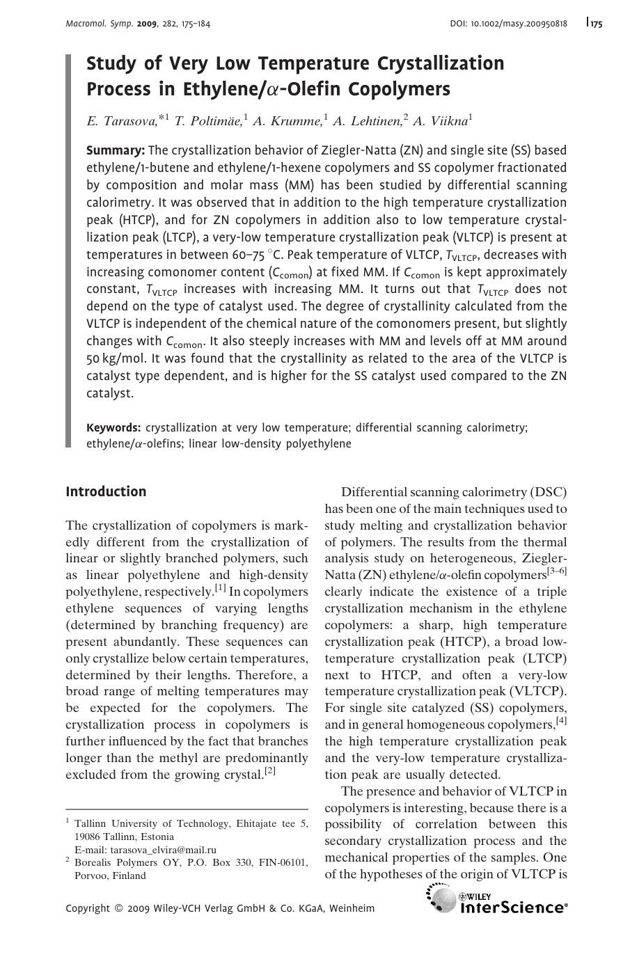 Study of Very Low Temperature Crystallization Process in Ethylene[alpha]-Olefin Copolymers by Unknown