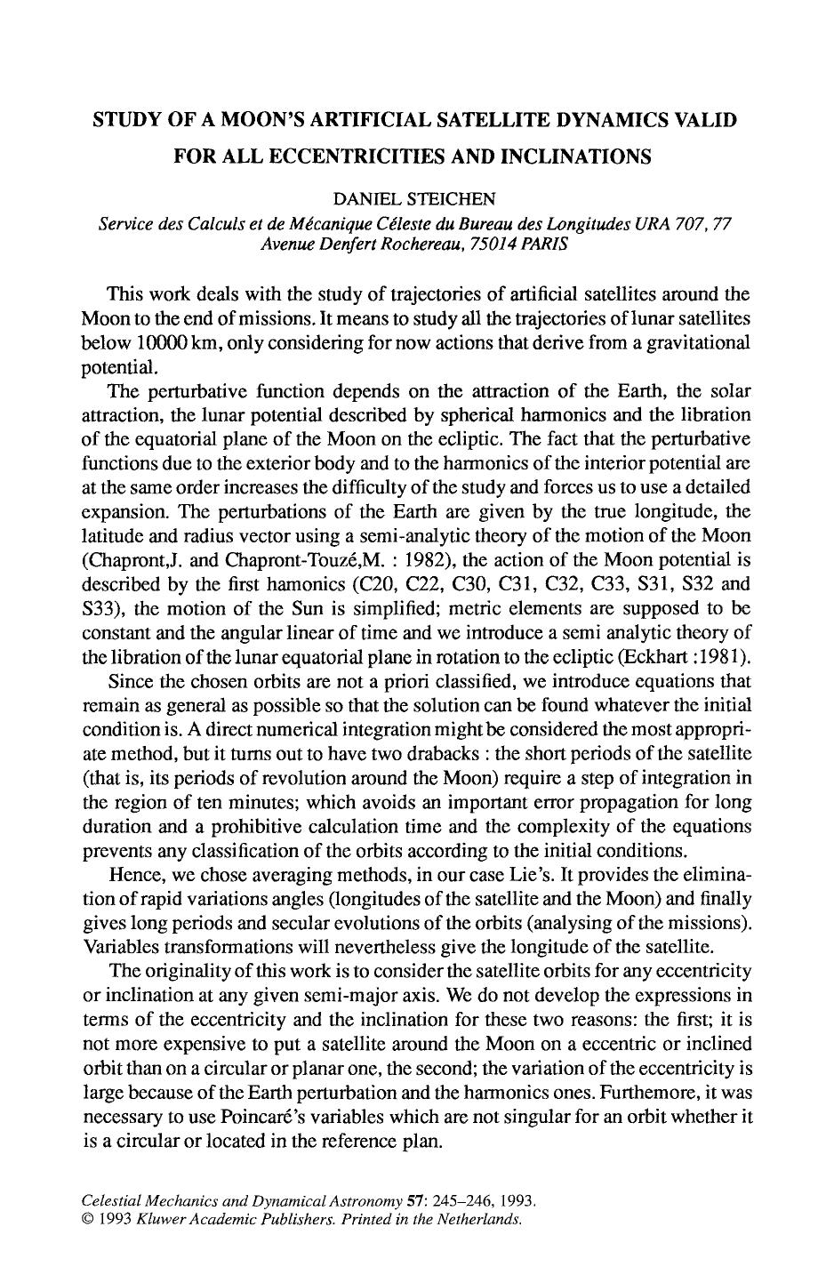 Study of a Moon's artificial satellite dynamics valid for all eccentricities and inclinations by Unknown